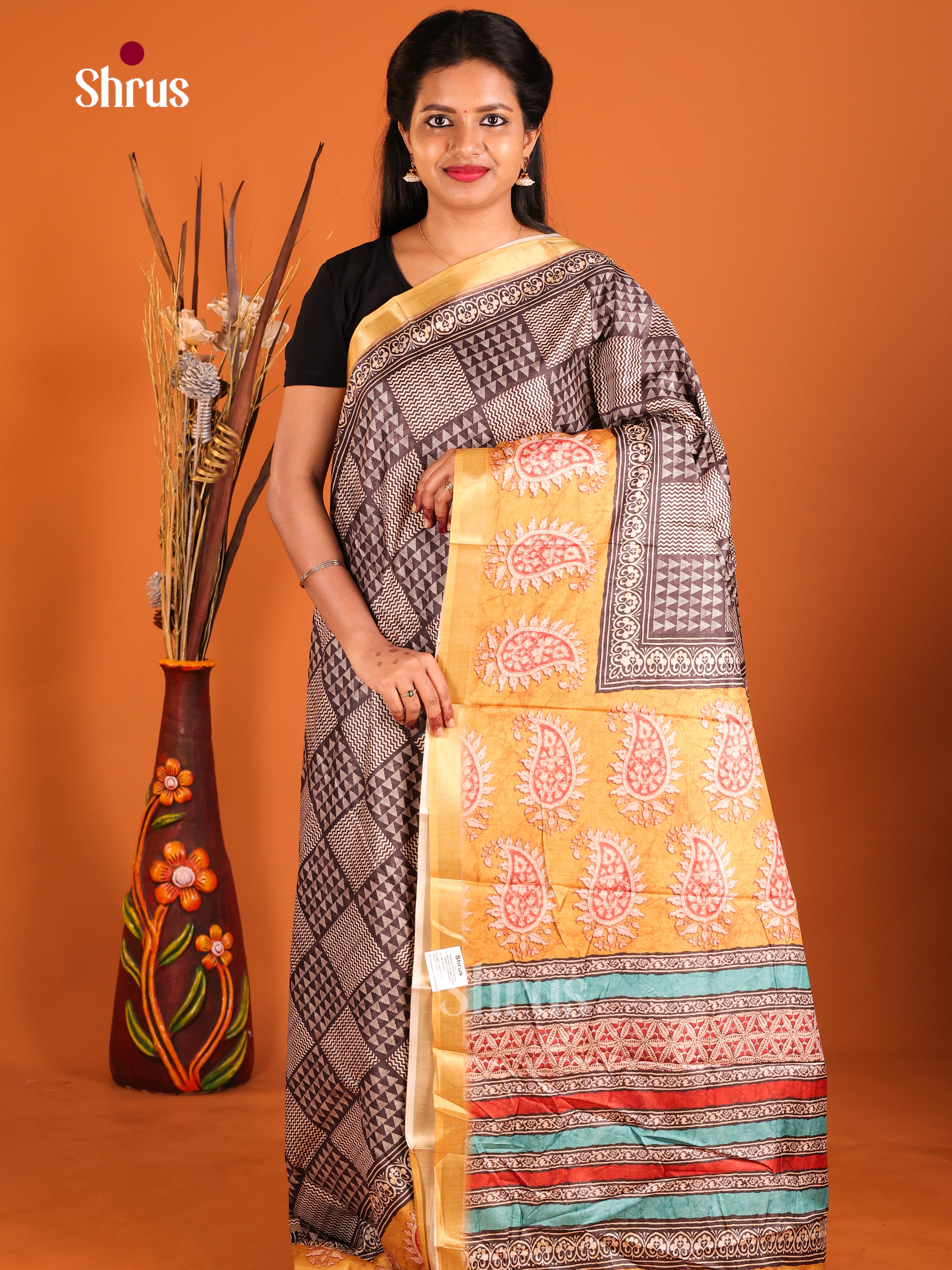 Brown & Mustard- Semi Crepe Saree