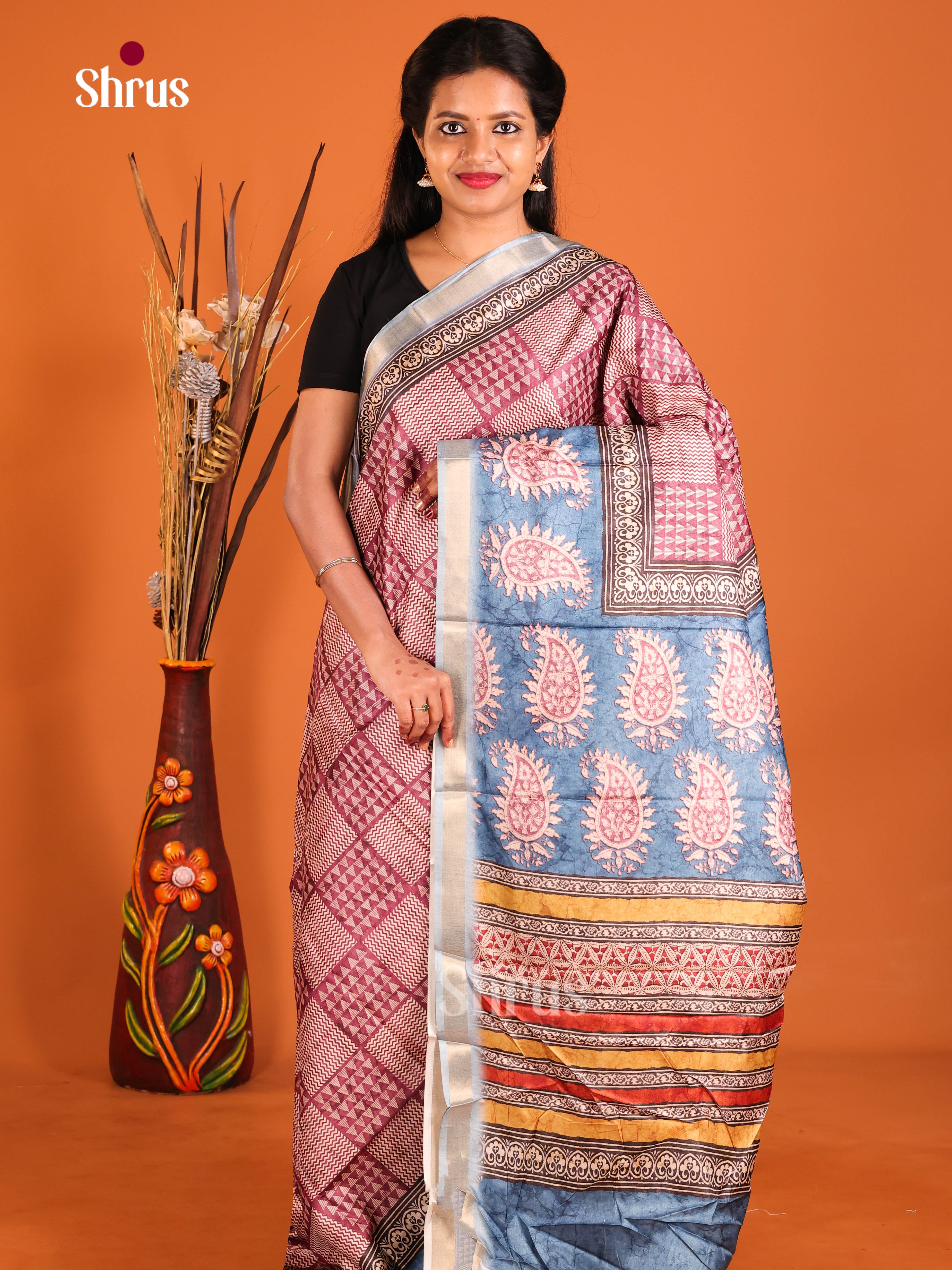 Maroon & Blue - Semi Crepe Saree