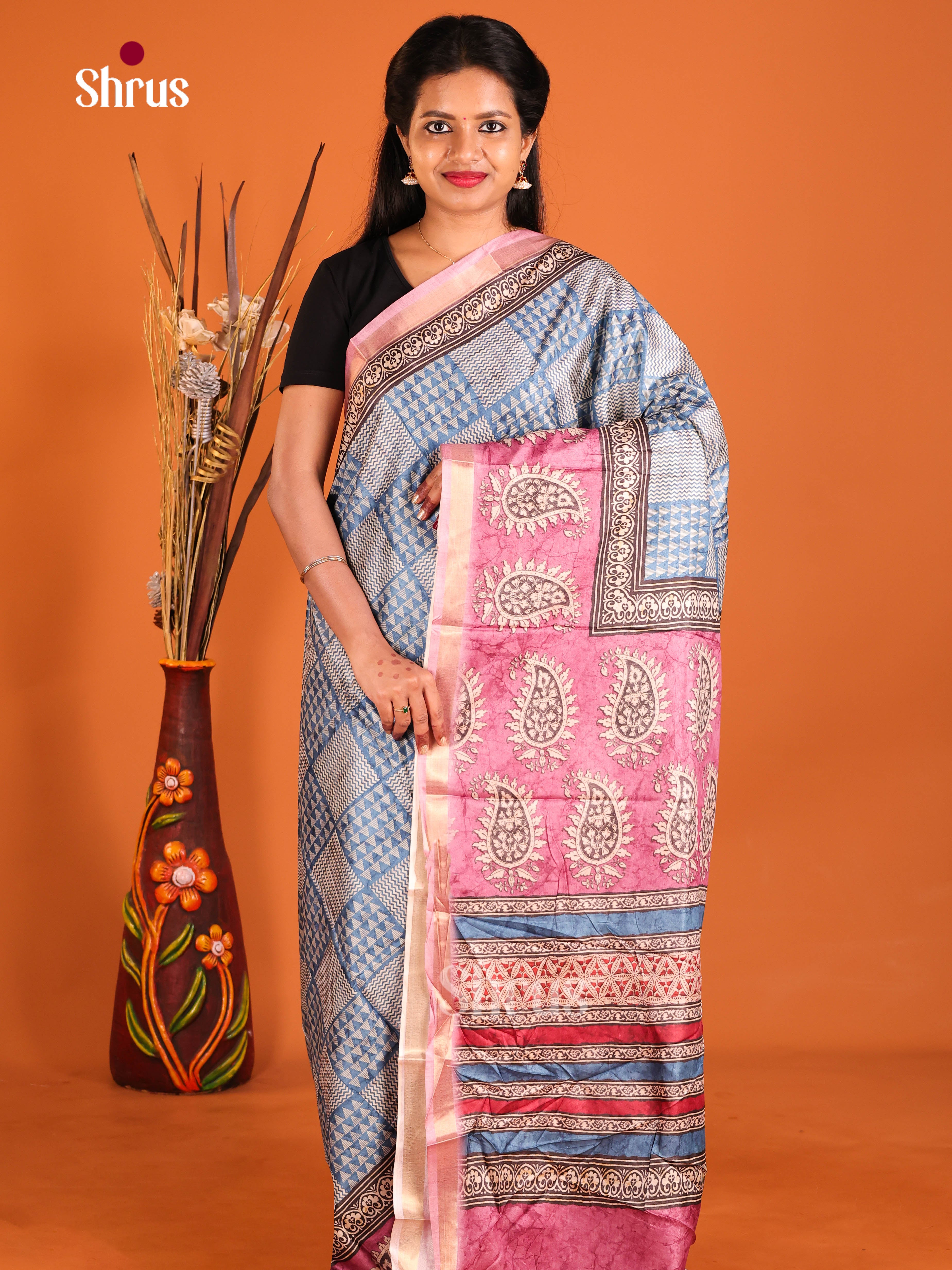Blue & Pink- Semi Crepe Saree