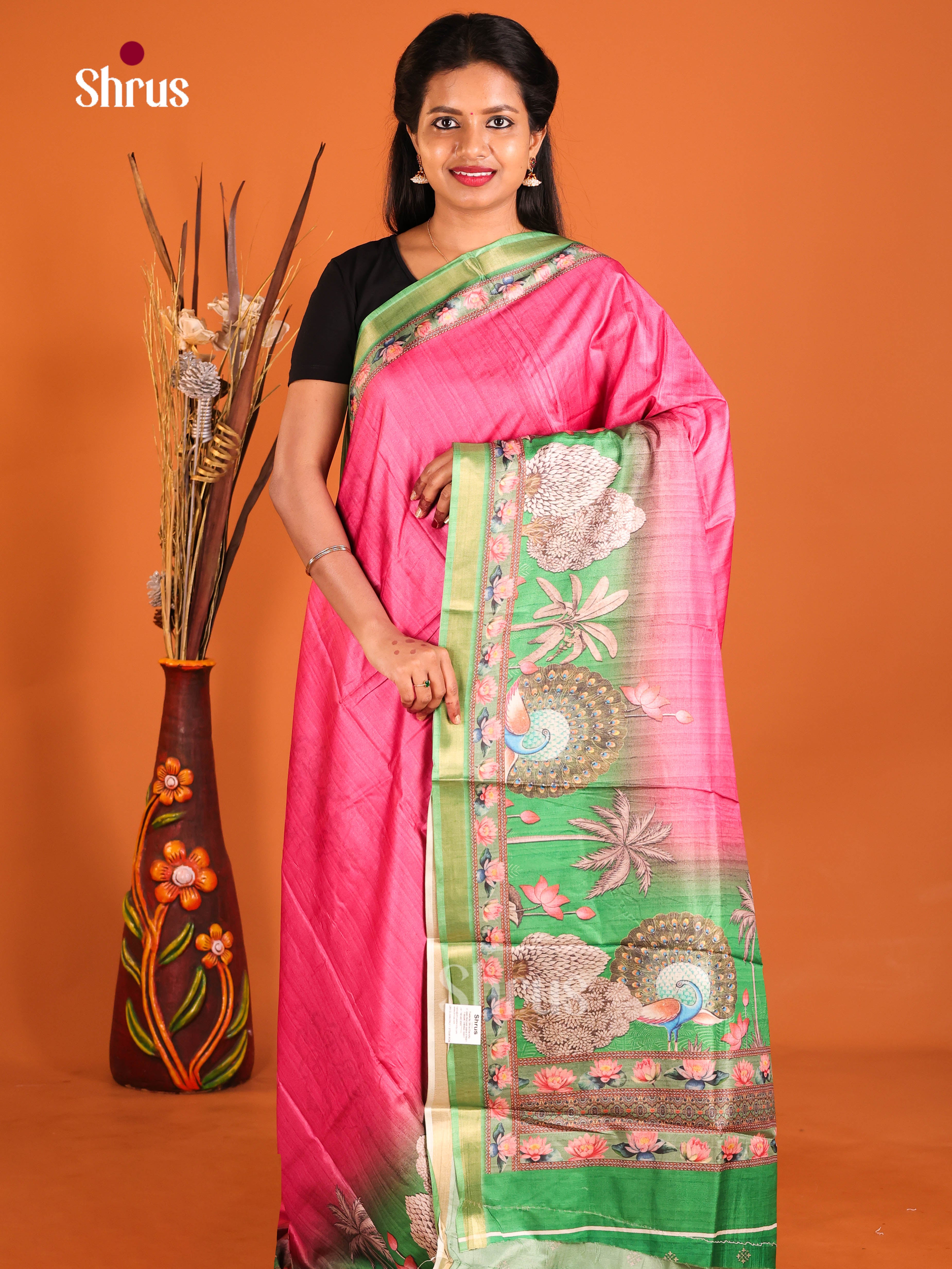 Pink & Green - Semi Crepe Saree - Shop on Shrus.com