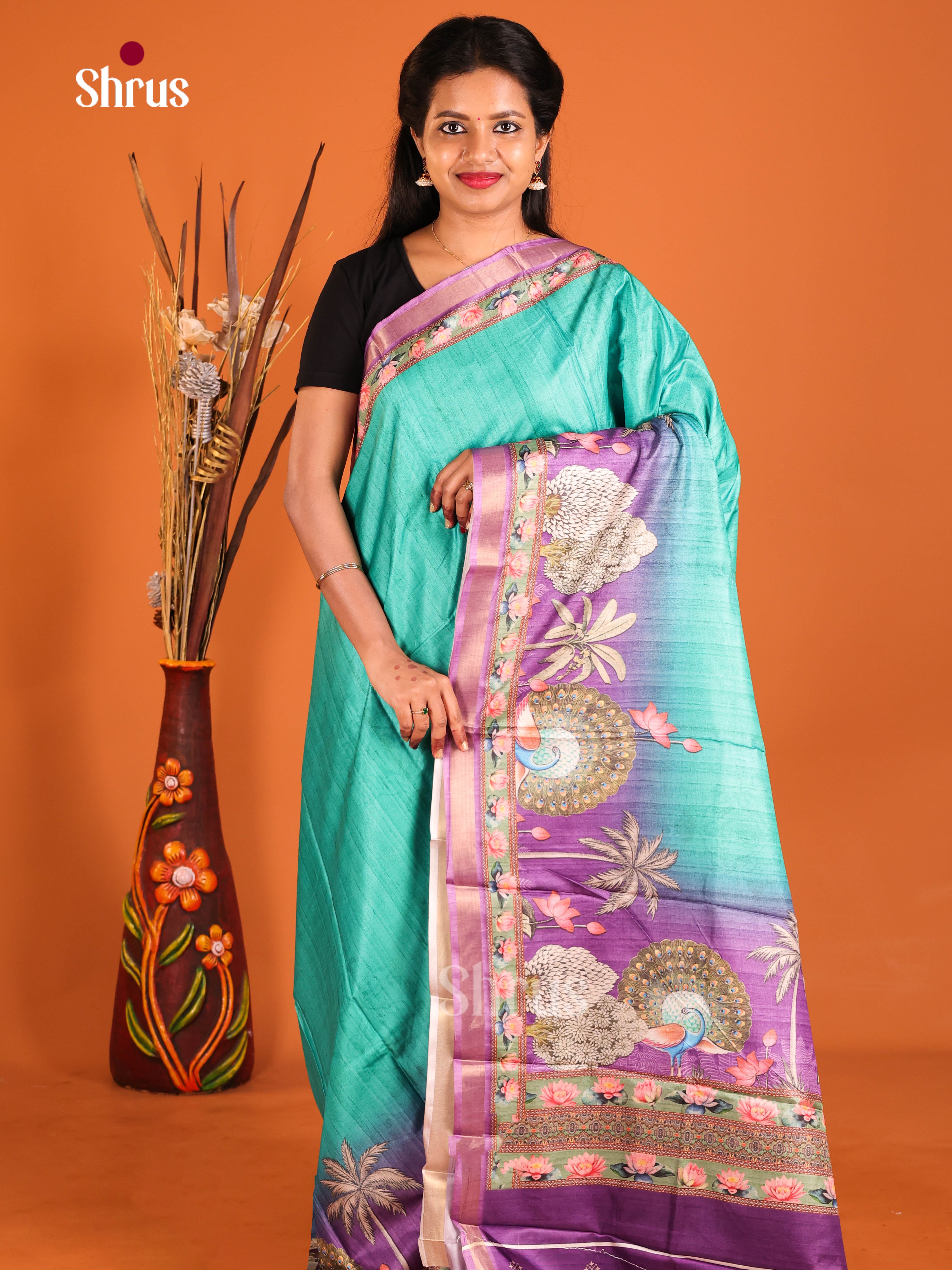 Teal & Purple - Semi Crepe Saree - Shop on Shrus.com