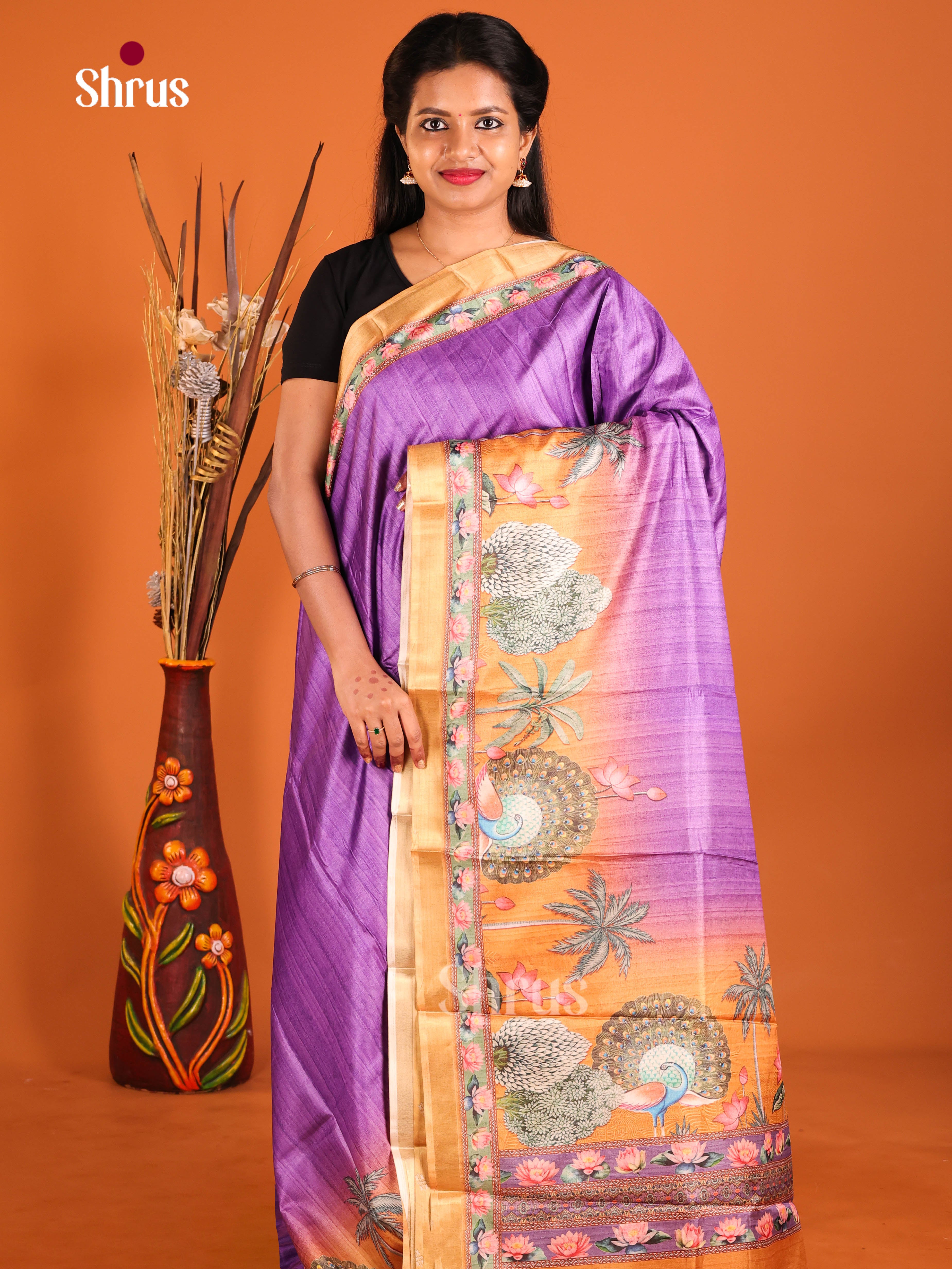 Purple & Brick - Semi Crepe Saree