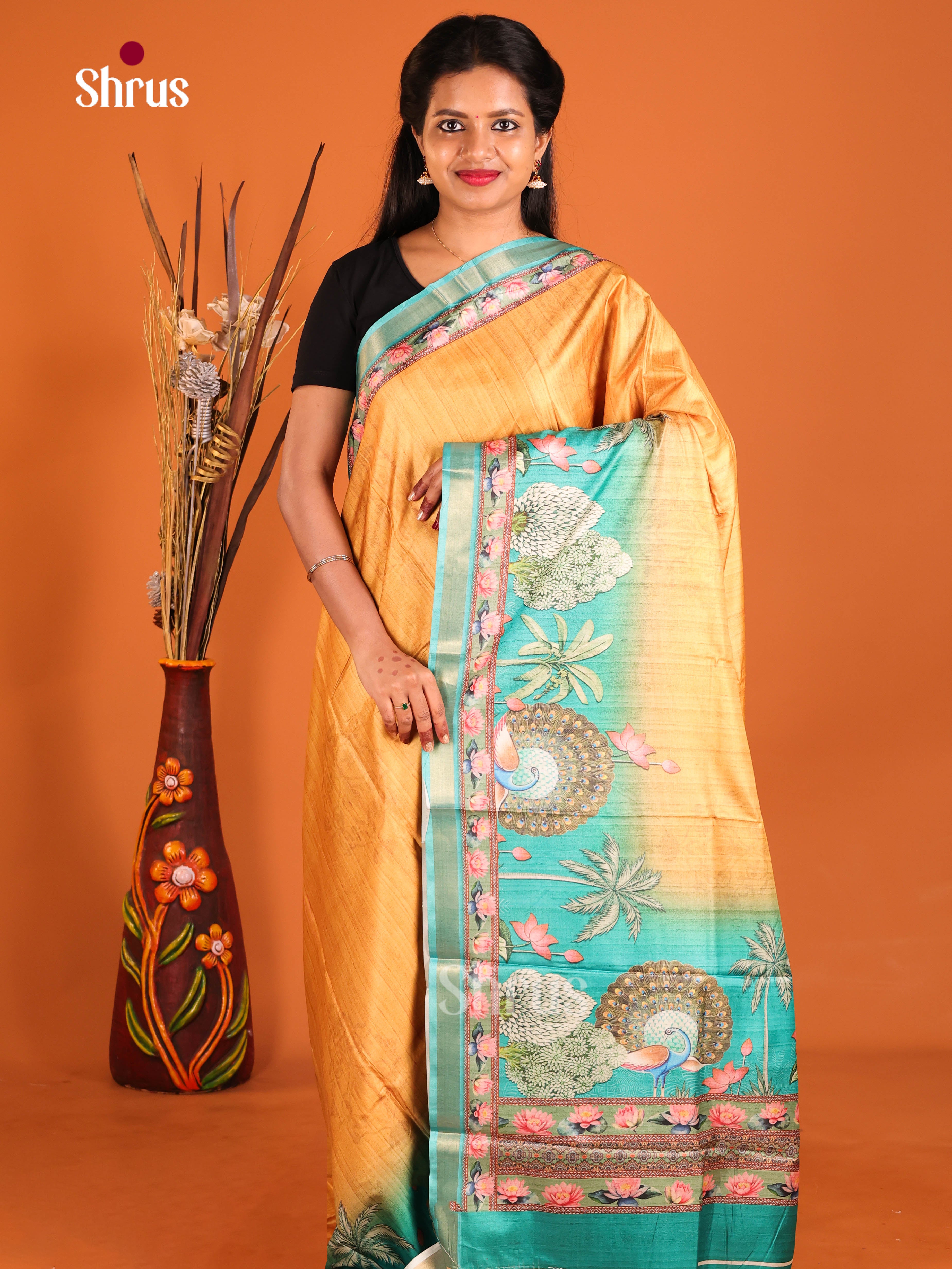 Mustard & Green- Semi Crepe Saree