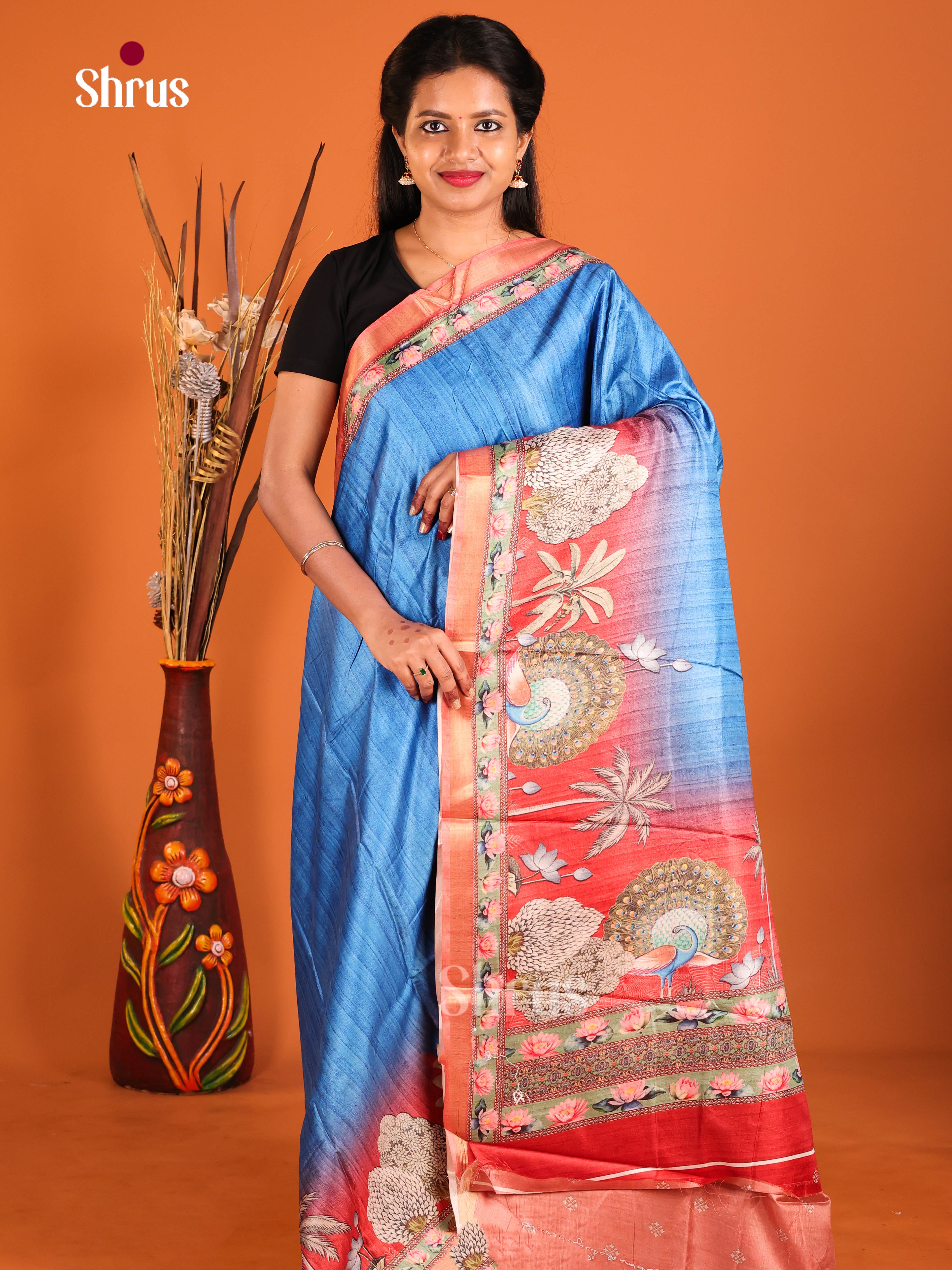 Blue & Red - Semi Crepe Saree
