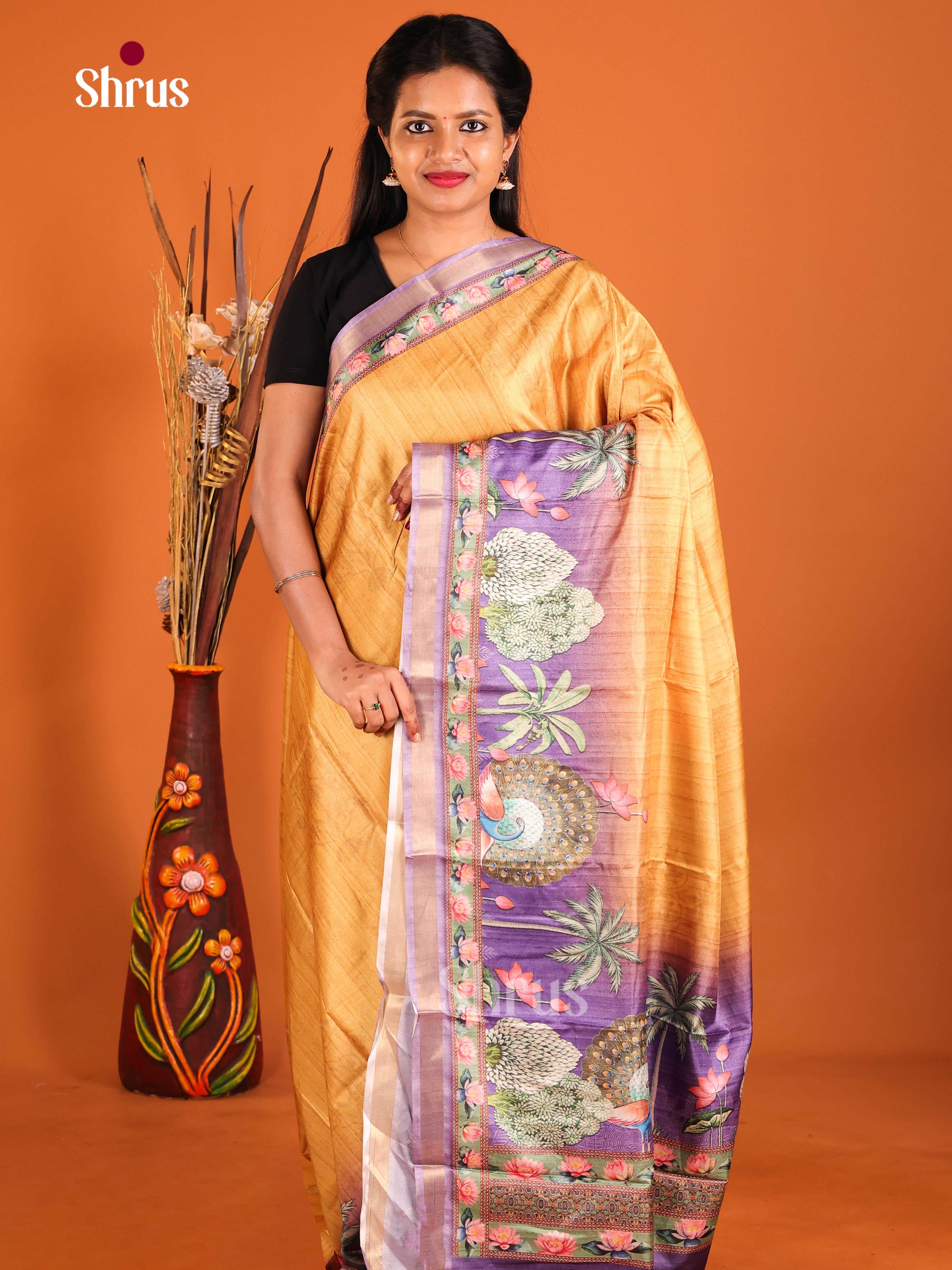 Orange & Purple - Semi Crepe Saree