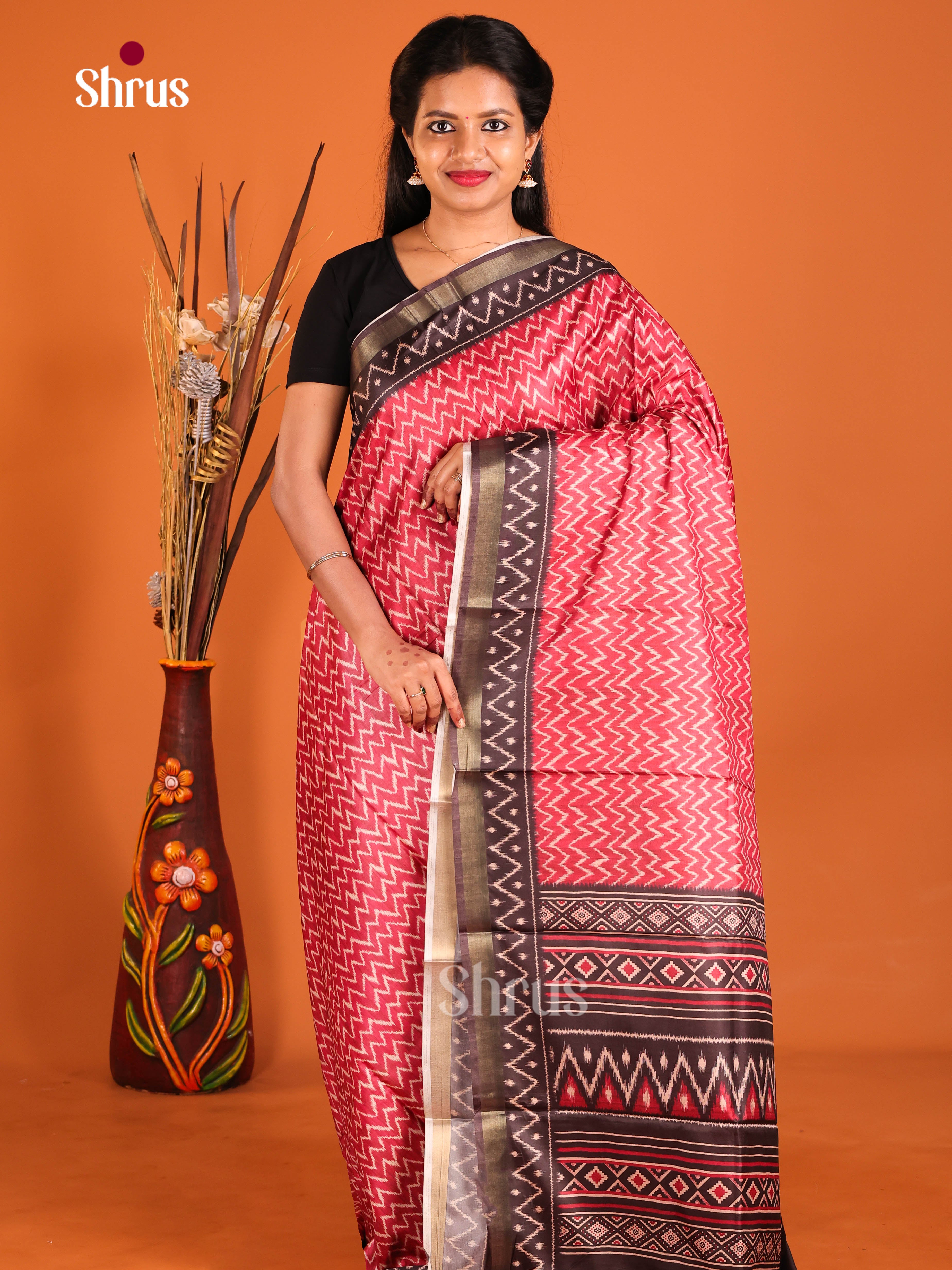 Red & Brown- Semi Crepe Saree - Shop on Shrus.com