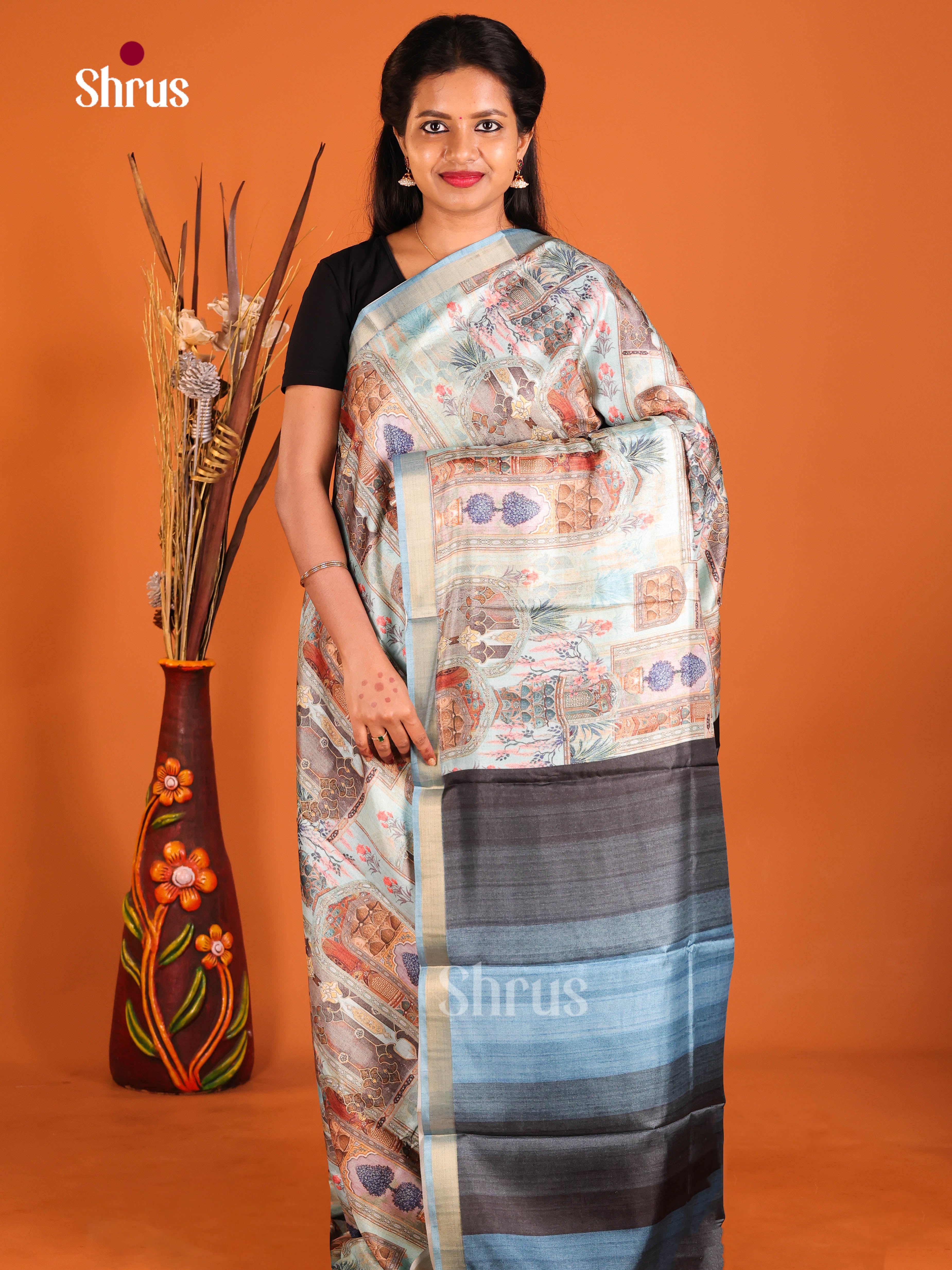 Light Blue & Blue- Semi Crepe Saree - Shop on Shrus.com