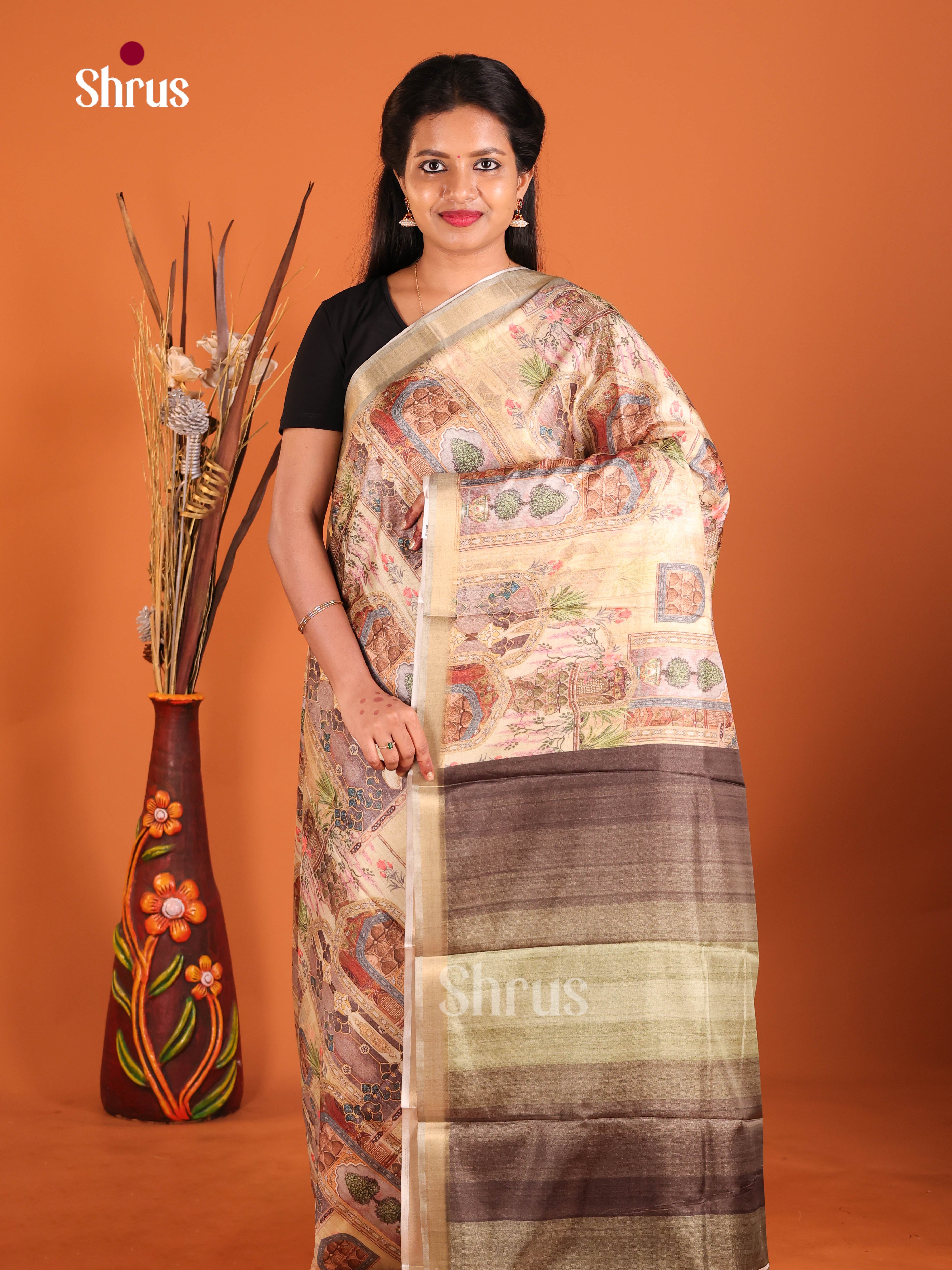 Cream & Brown- Semi Crepe Saree