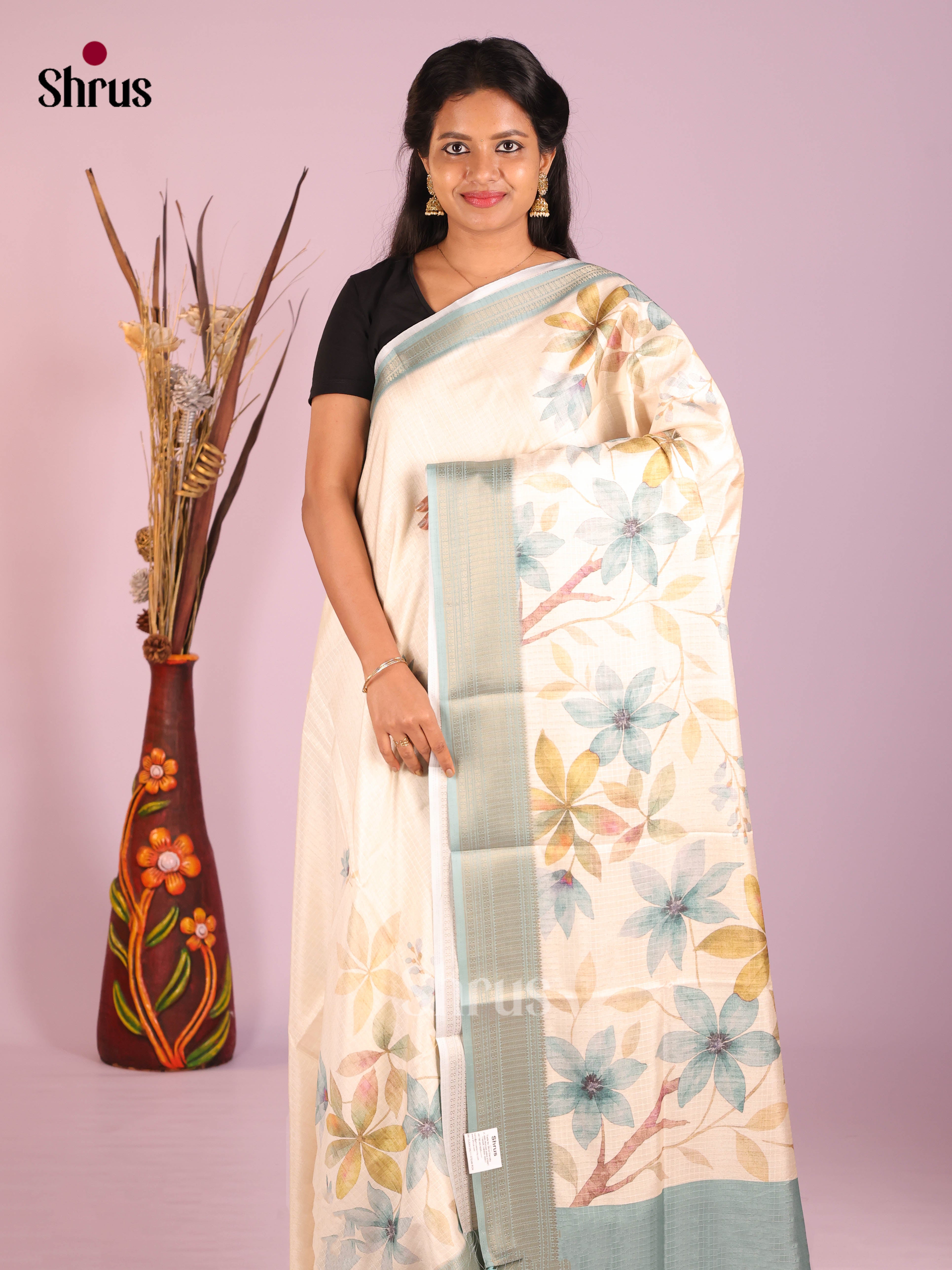 Cream & Blue - Semi Dola silk Saree