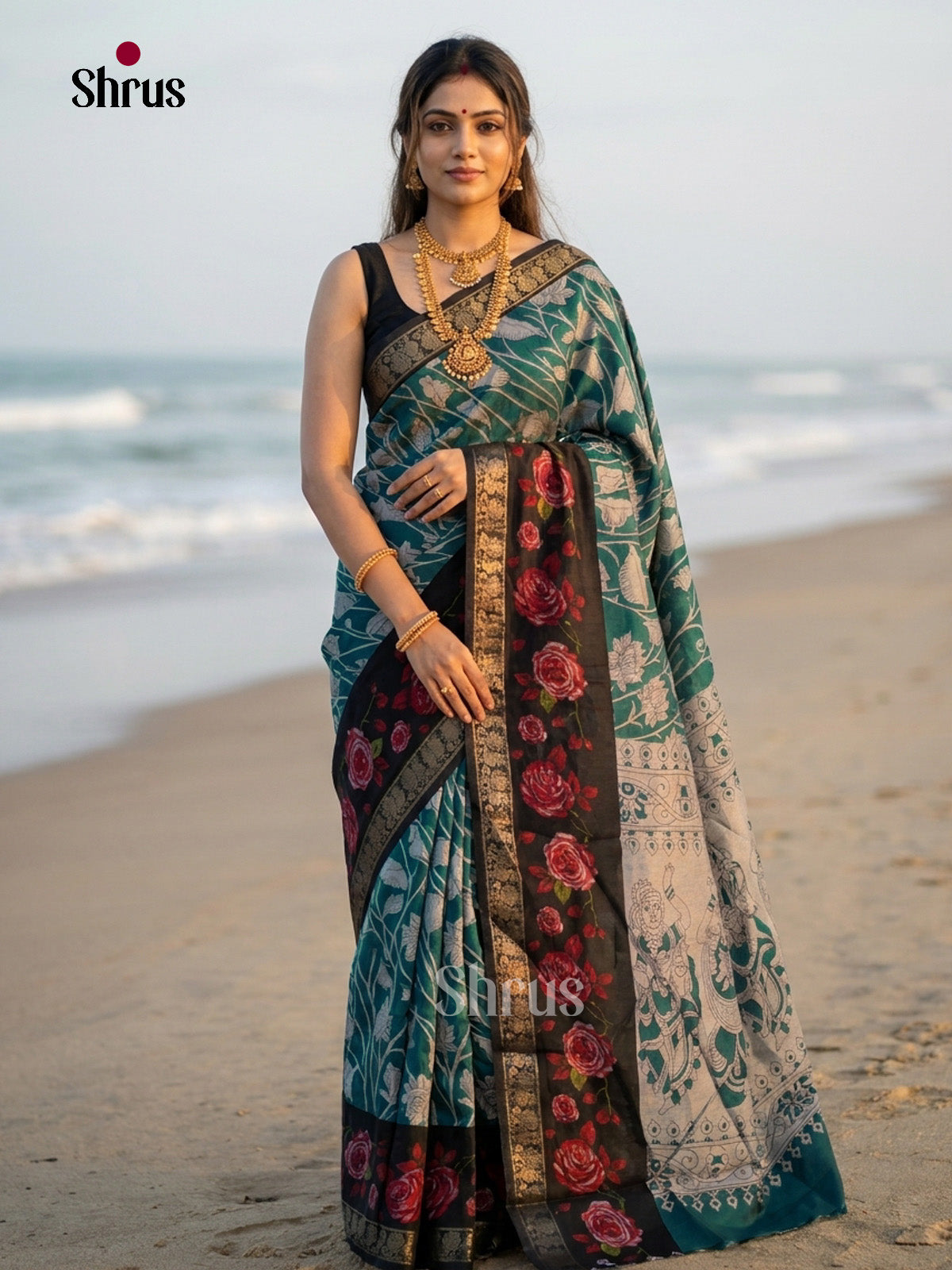 Teal & Black- Semi Modal  Saree