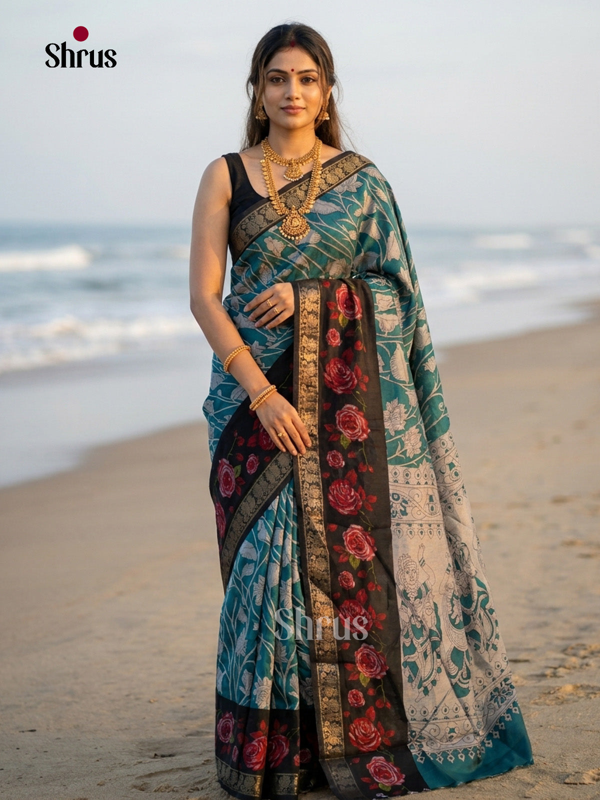 Teal & Black- Semi Modal  Saree