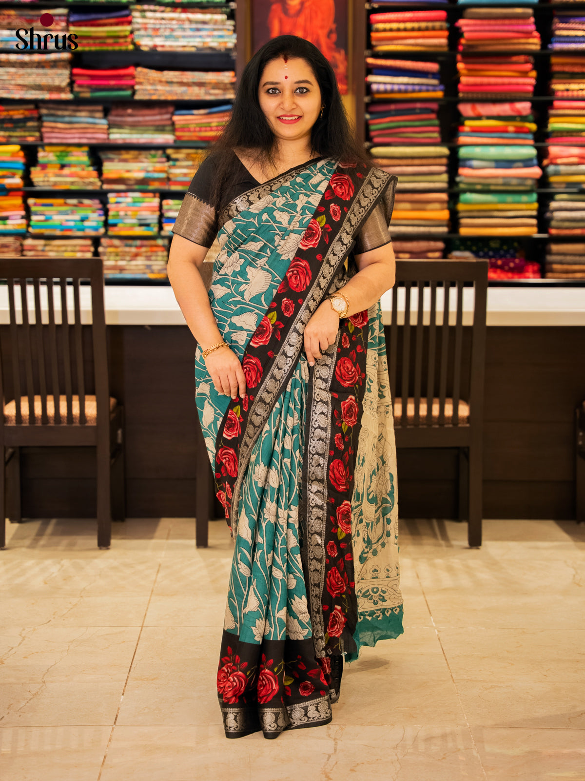 Teal & Black- Semi Modal  Saree