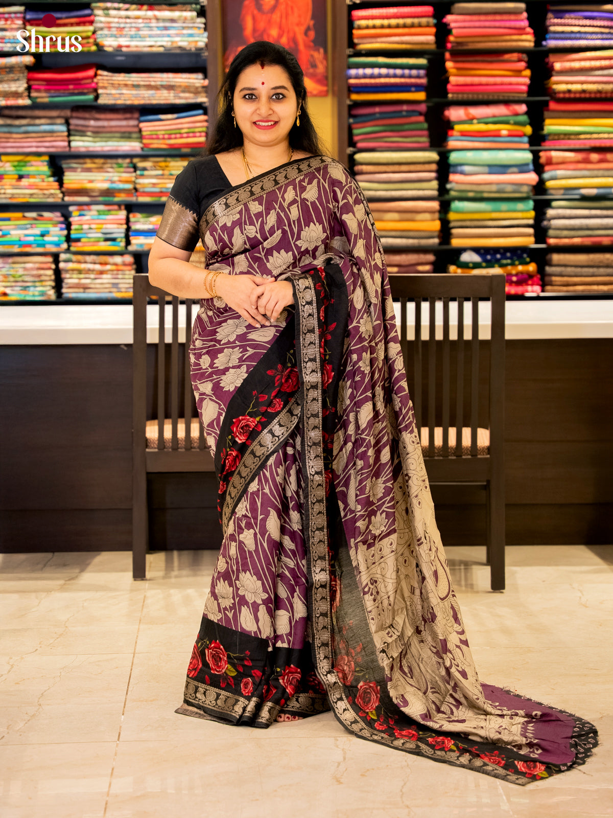Purple & Black- Semi Modal  Saree