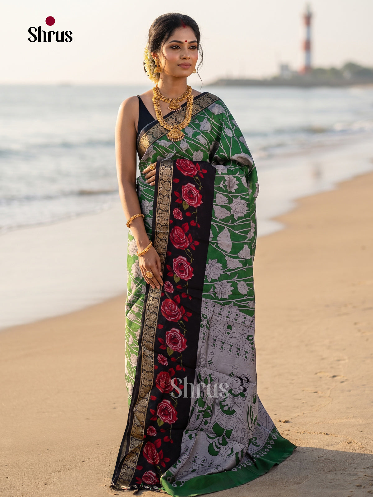 Green & Black - Semi Modal  Saree