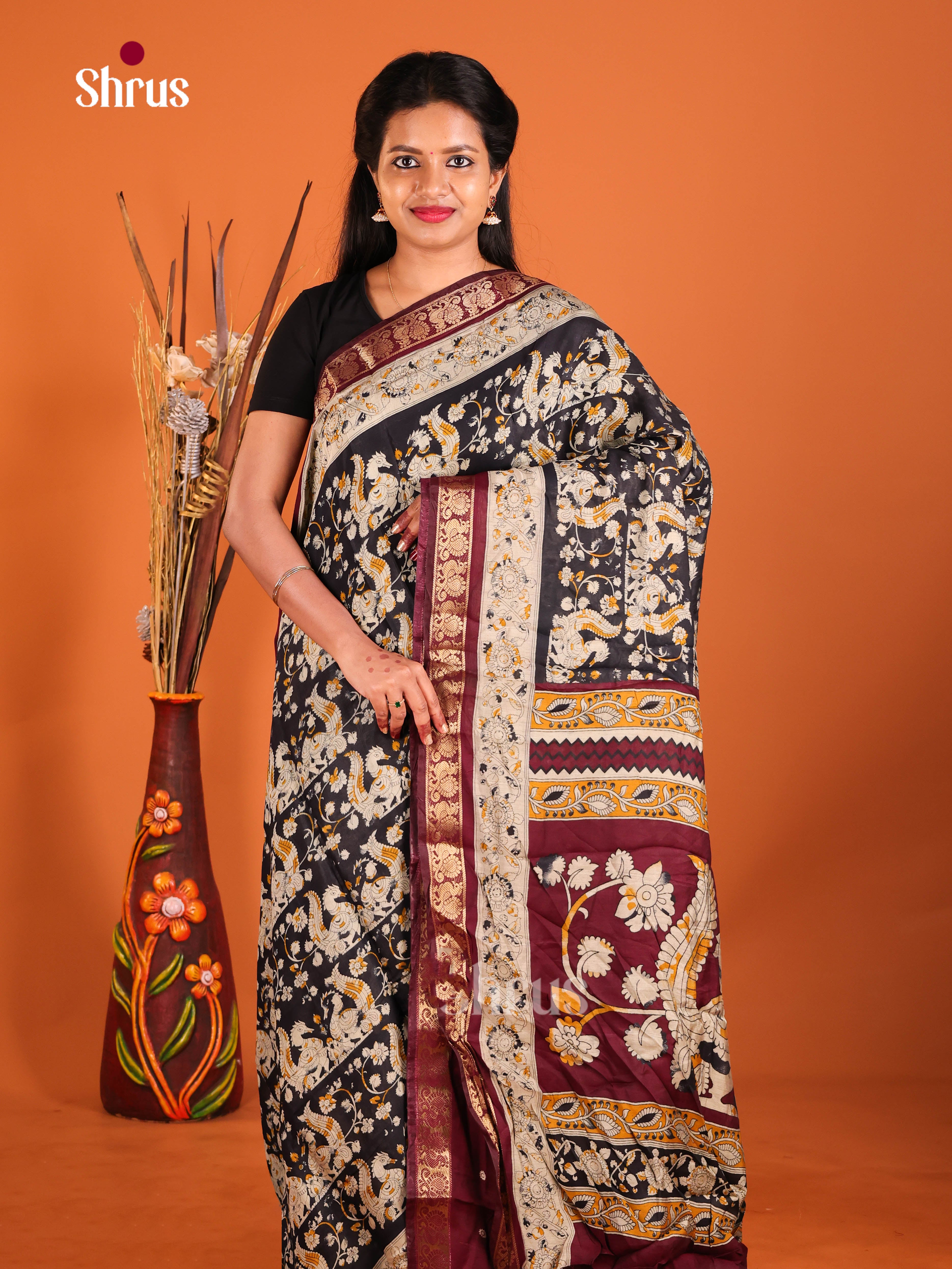 Black & Maroon - Semi Modal  Saree