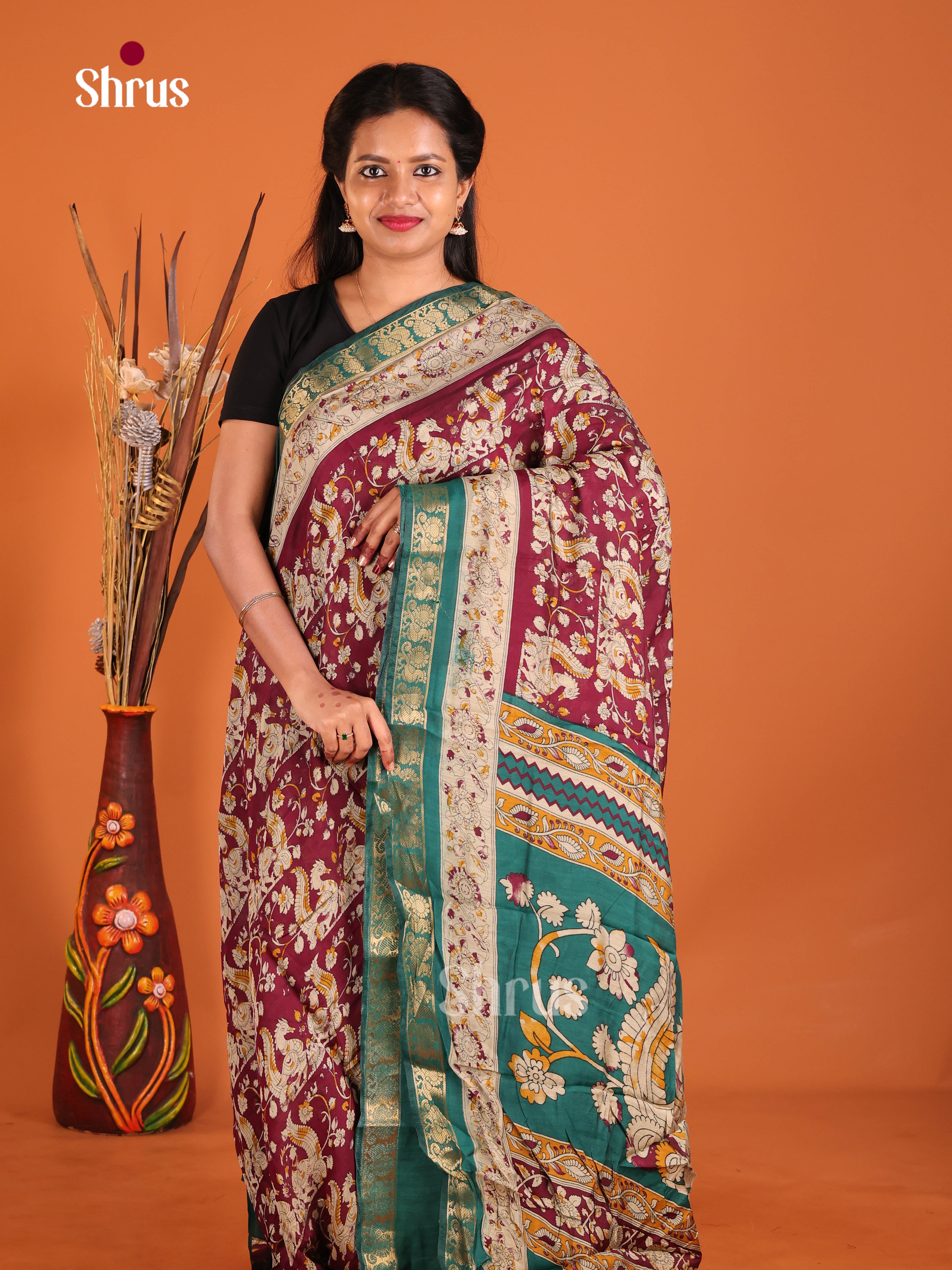 Maroon & Green - Semi Modal  Saree