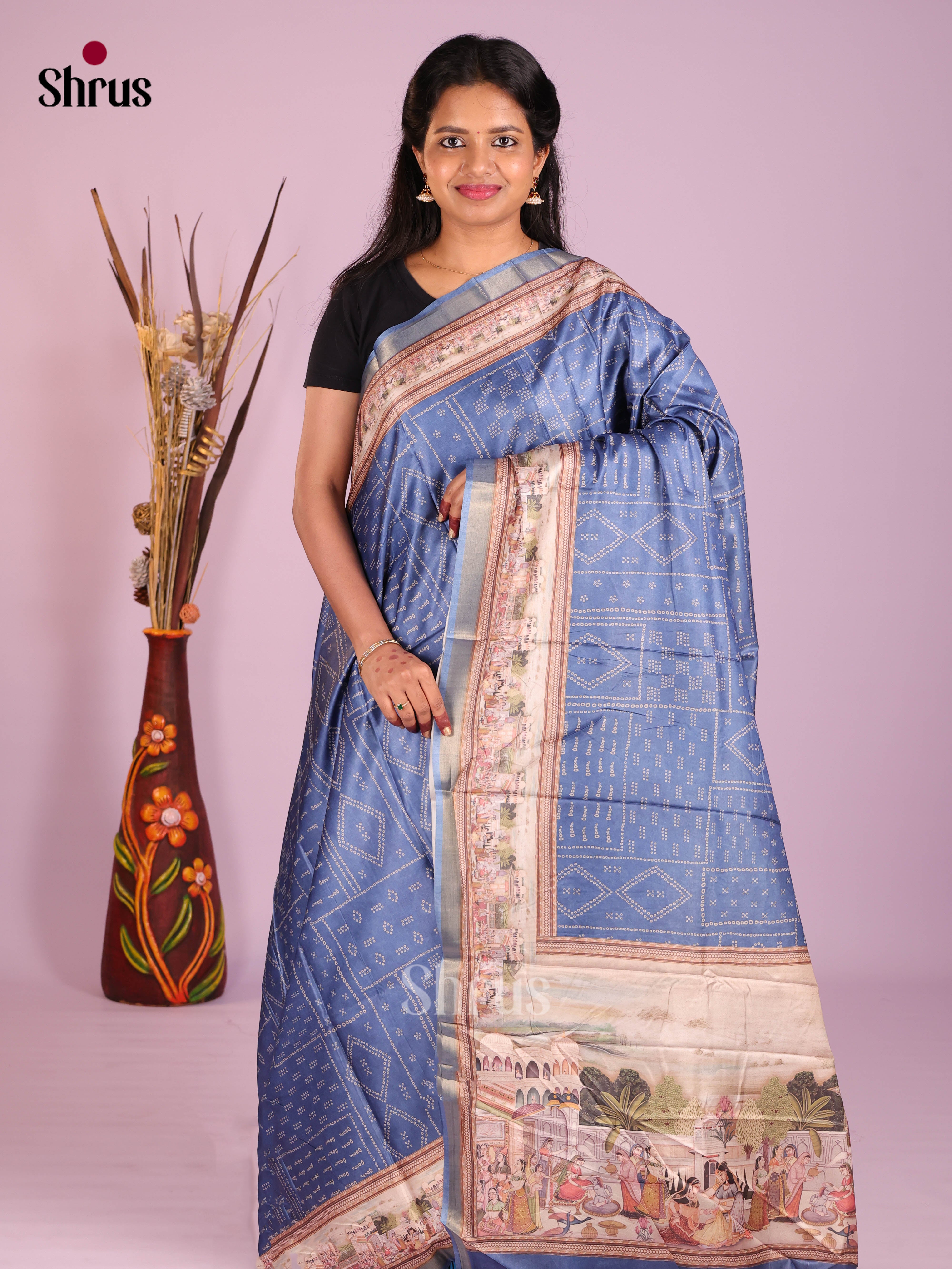 Blue & Cream - Art Modal Saree