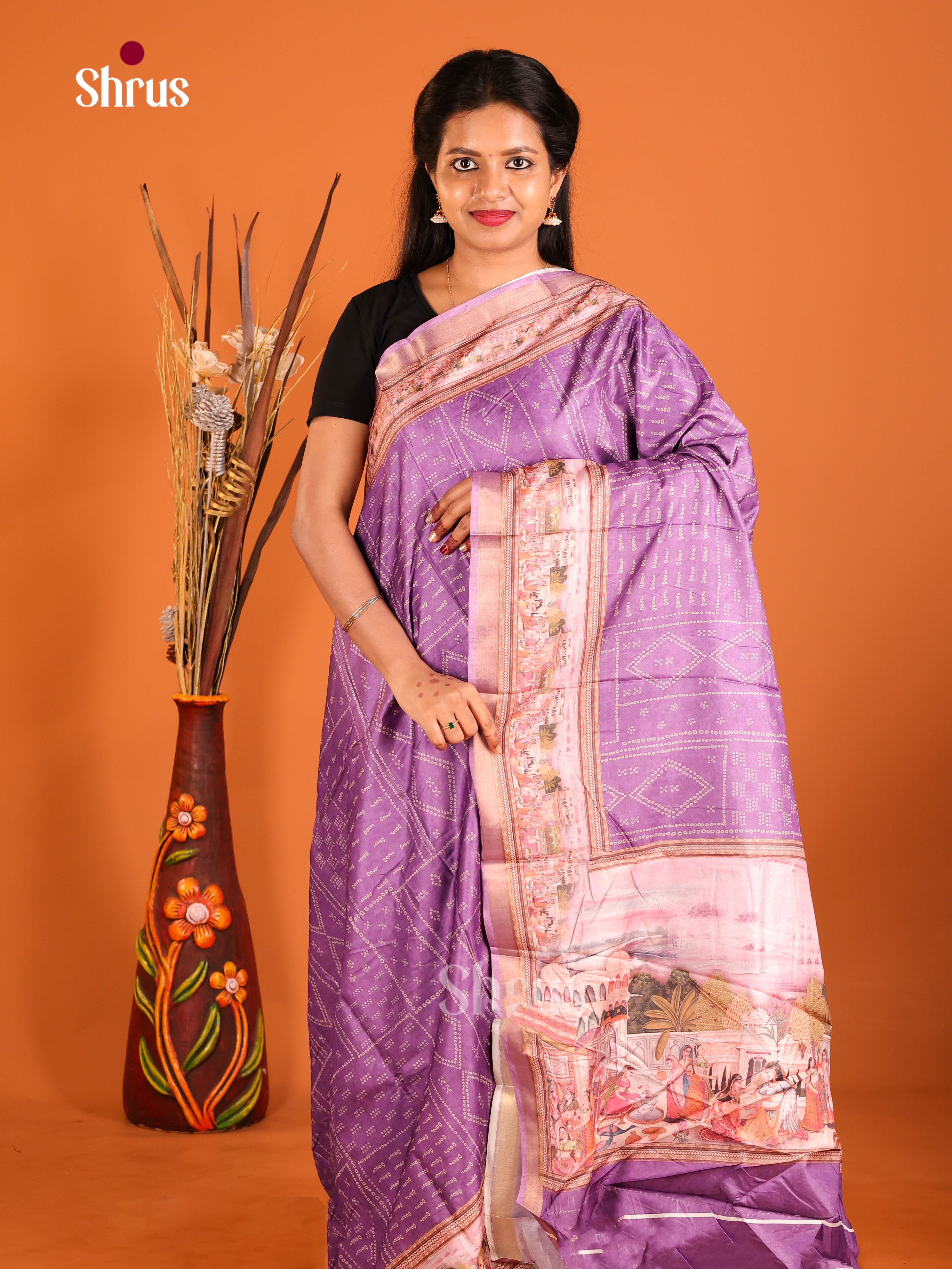 Purple & Cream - Art Modal Saree