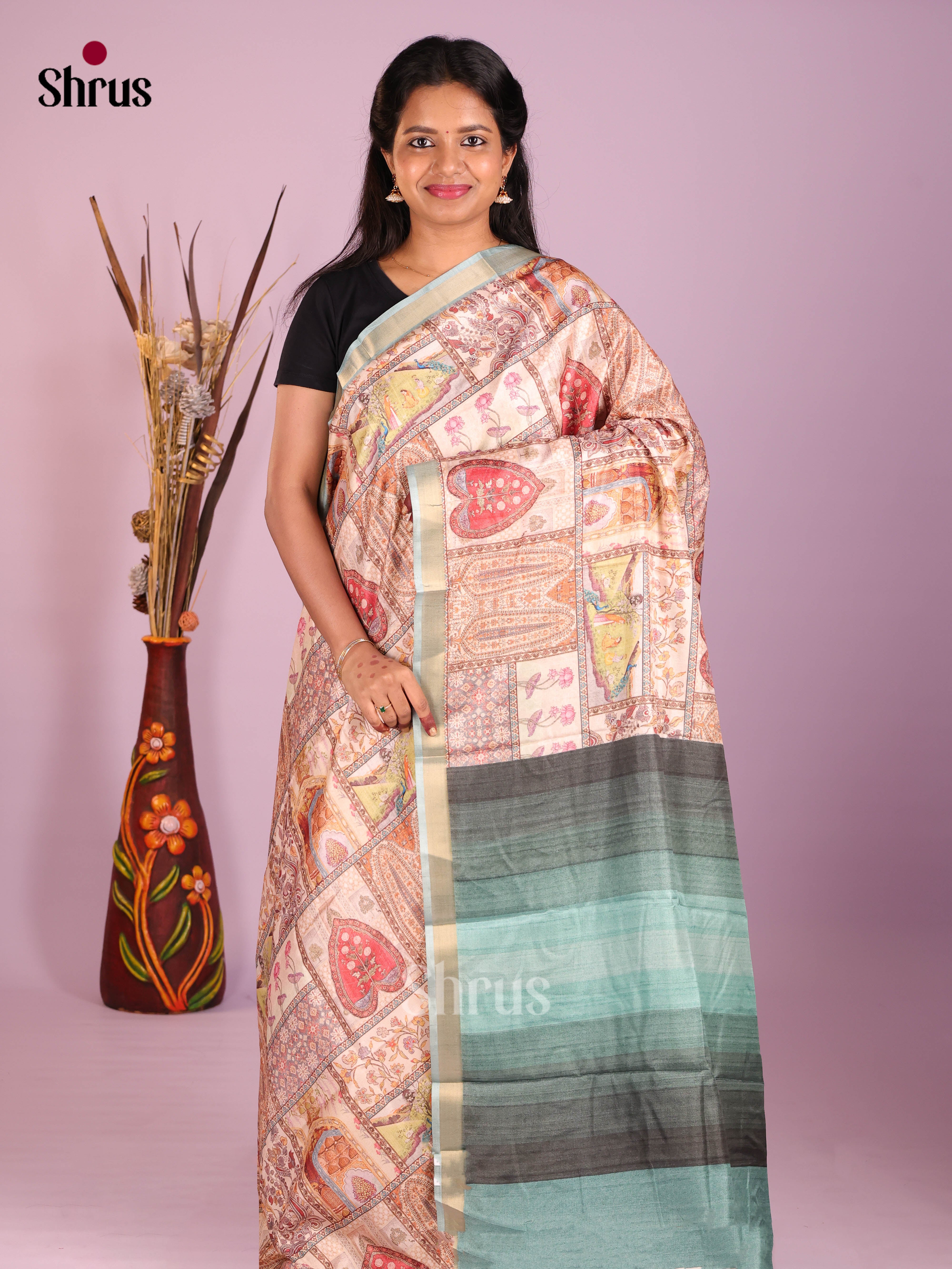 Cream & green - Art Modal Saree