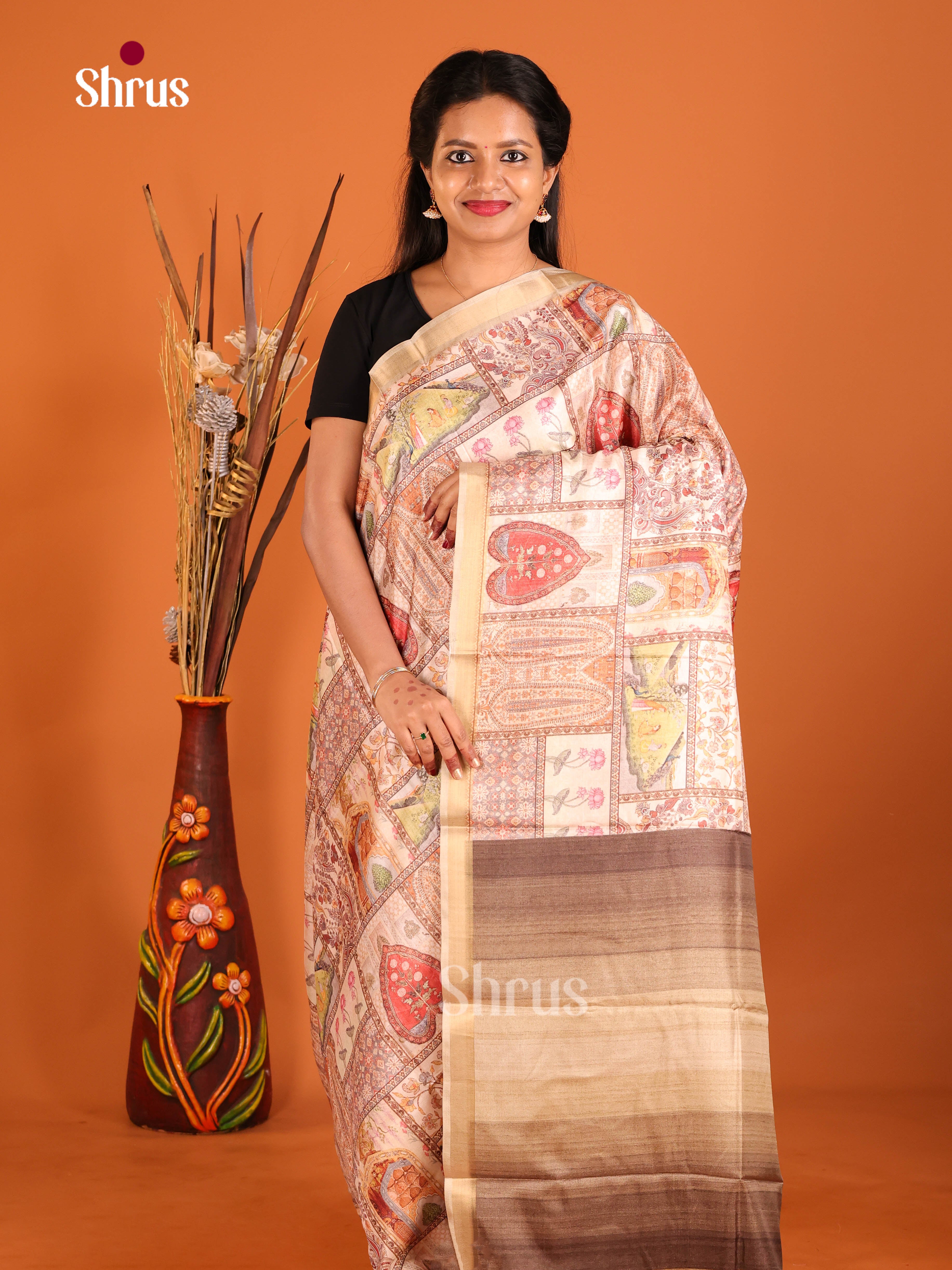 Cream & Brown - Art Modal Saree