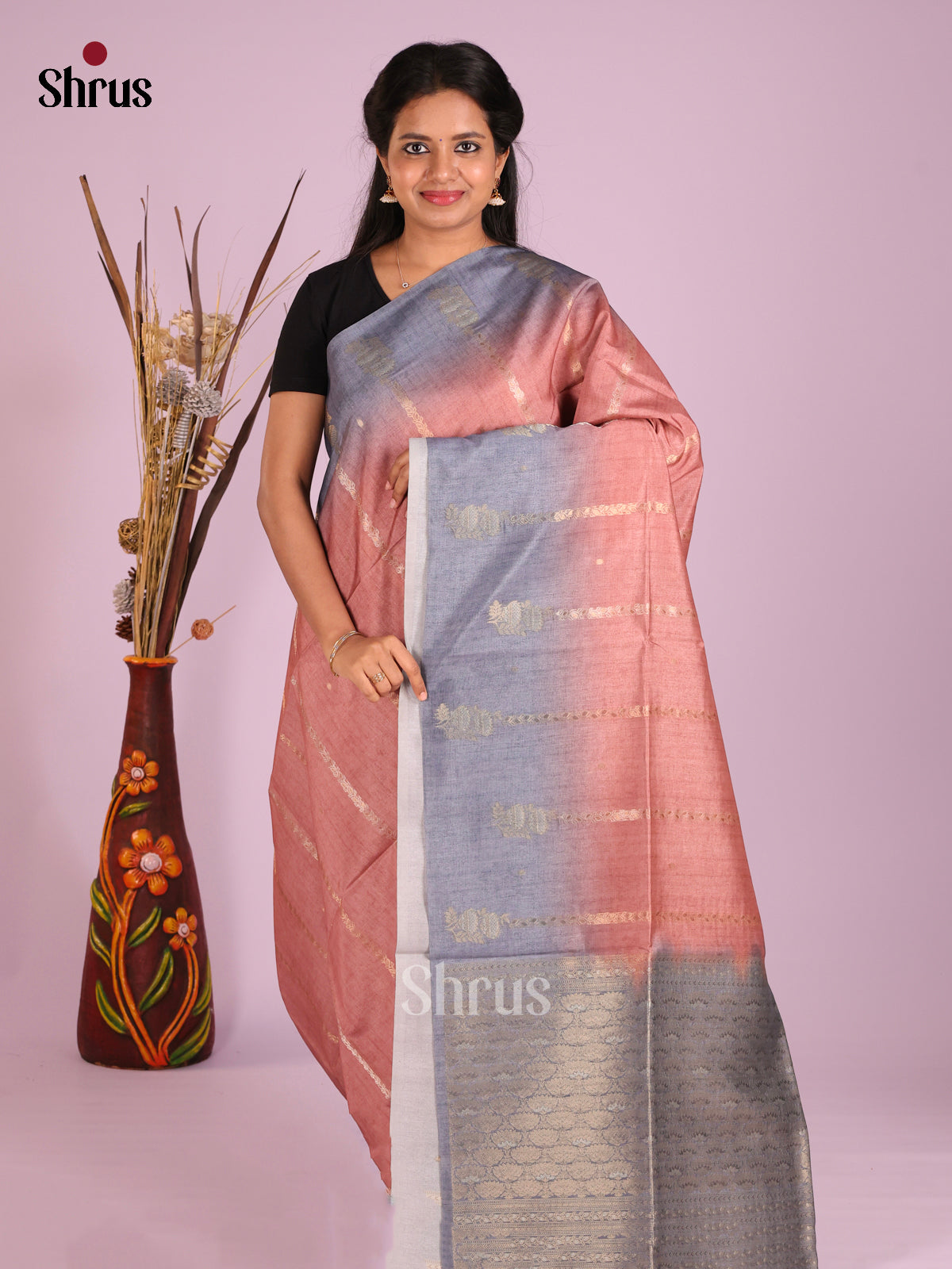 Dusty Pink & Blue - Semi Tussar Saree