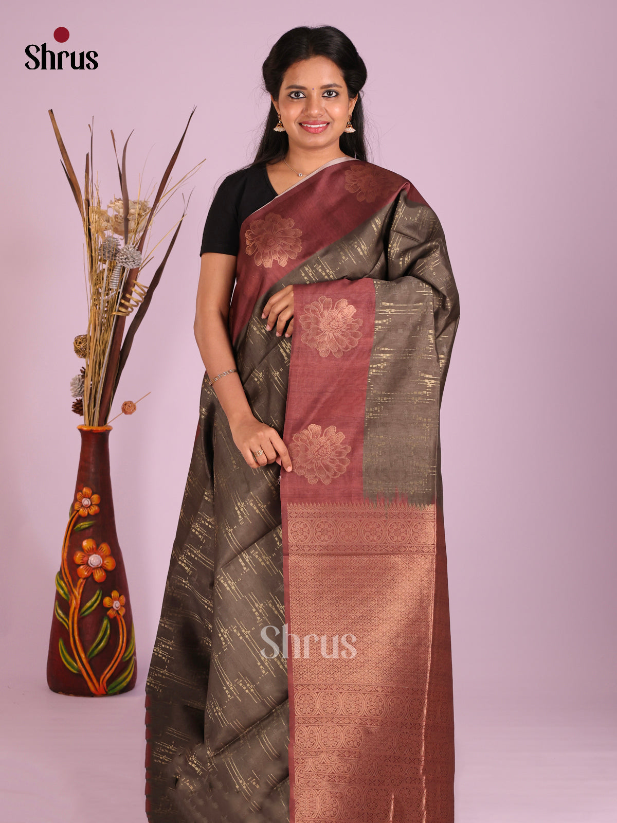 Elephant Grey & Brown - Semi Tussar Saree