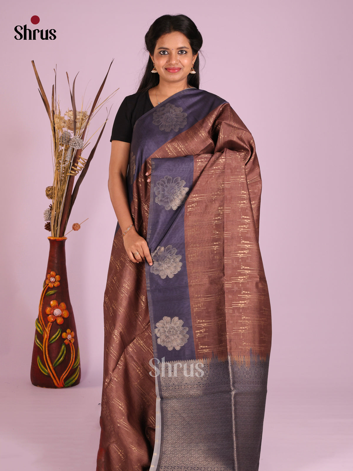 Brown & Blue  - Semi Tussar Saree