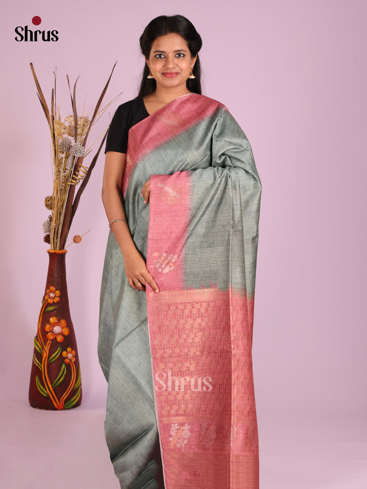 Grey & Pink - Semi Tussar Saree