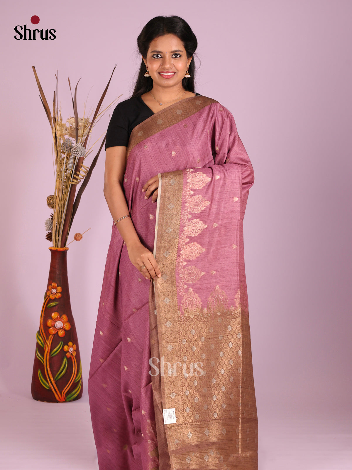 Purple & Brown - Semi Tussar Saree