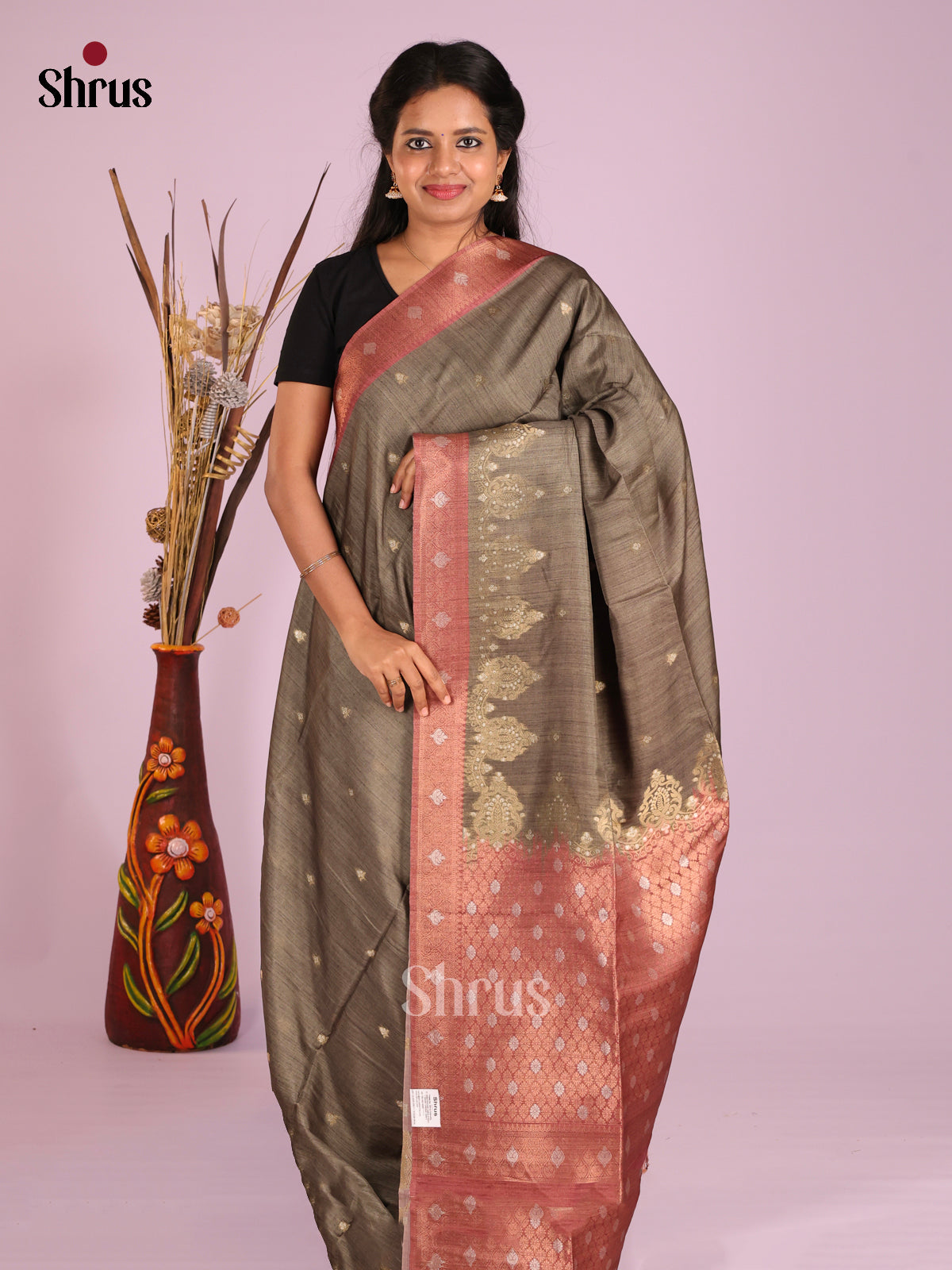 Elephant Grey & Brown - Semi Tussar Saree