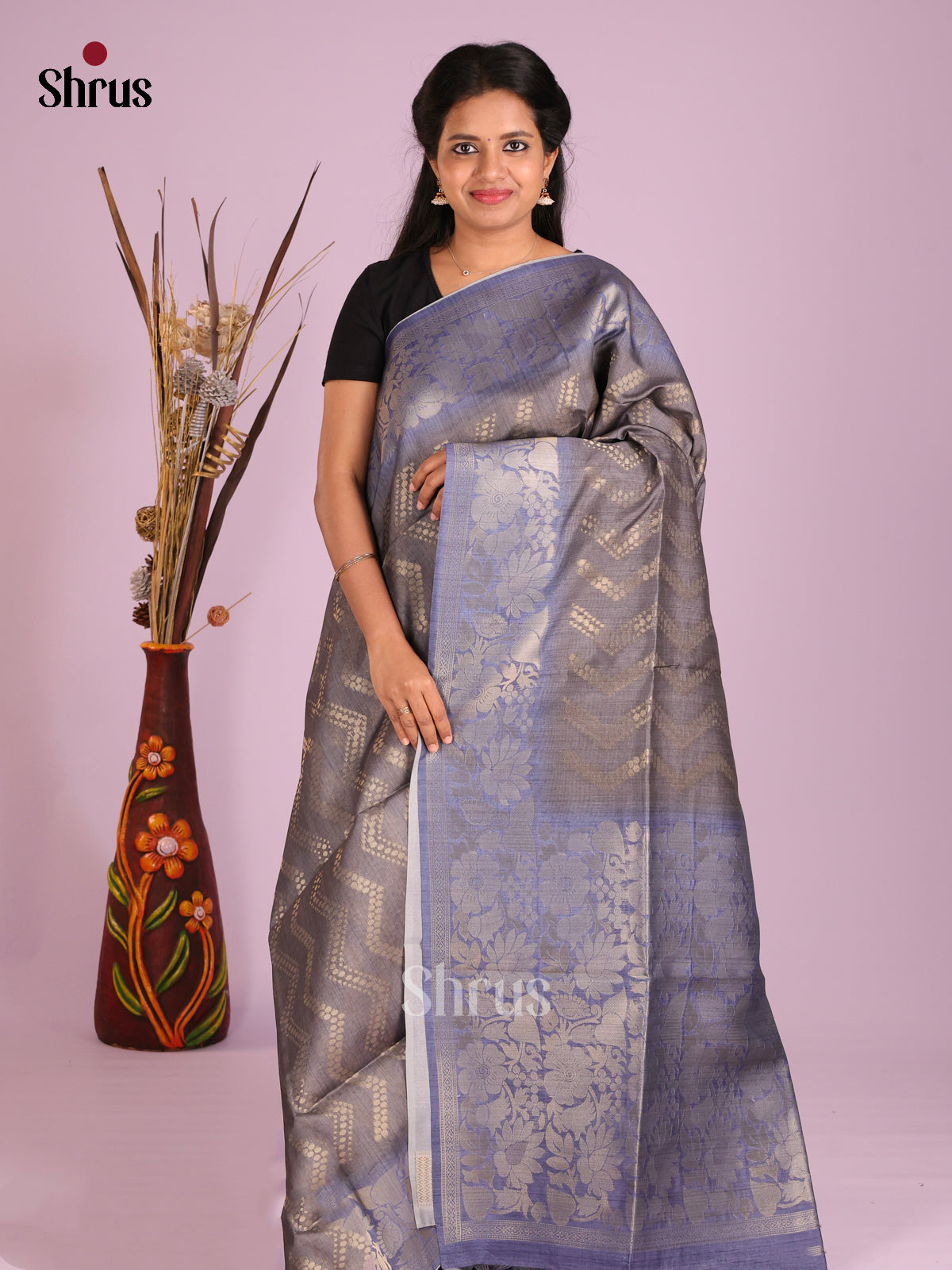 Grey & Blue - Semi Tussar Saree