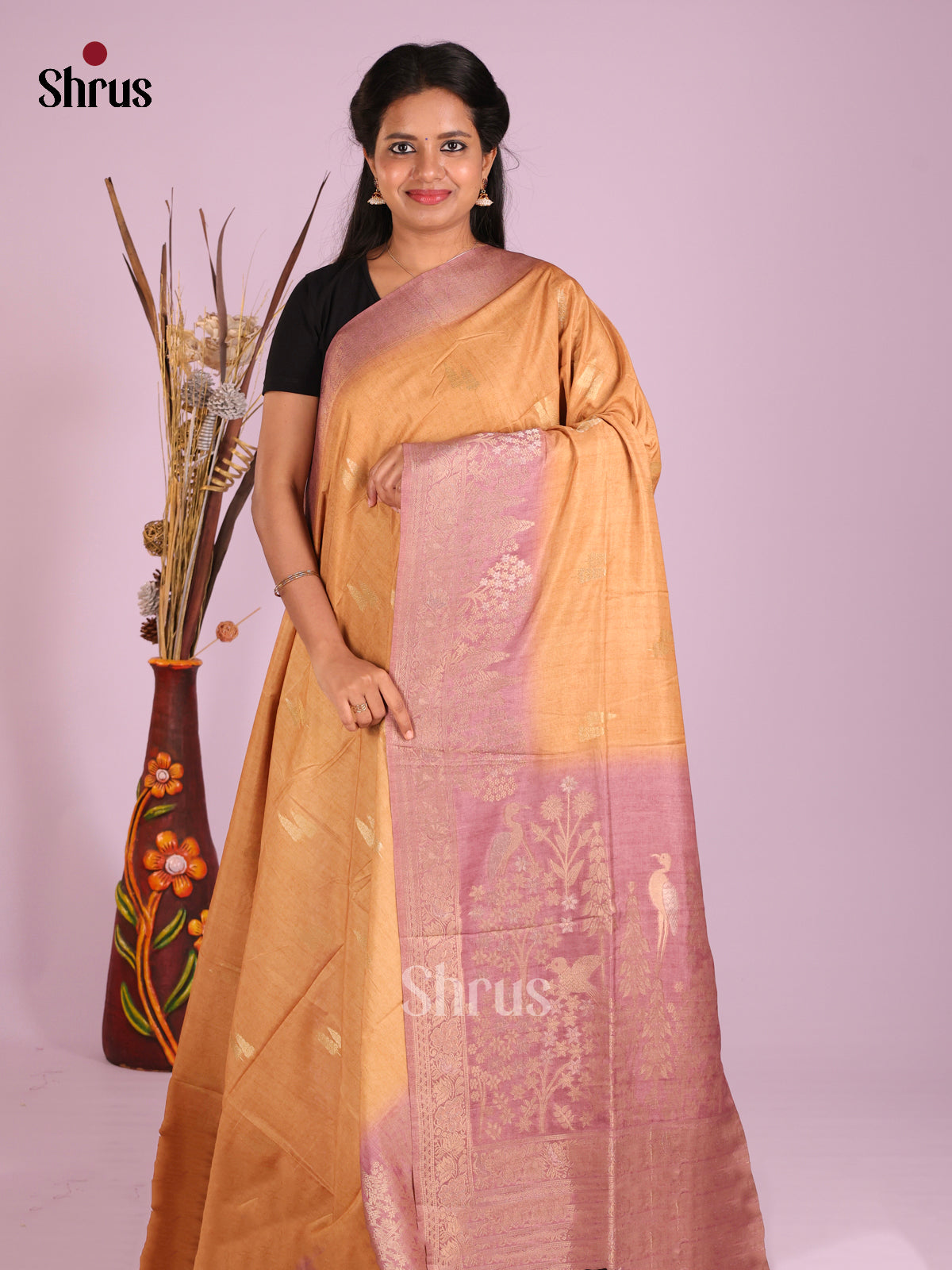 Light Brown & Lavender - Semi Tussar Saree