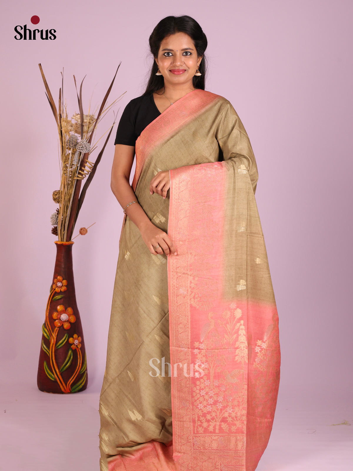 Goldish Brown & Pink- Semi Tussar Saree