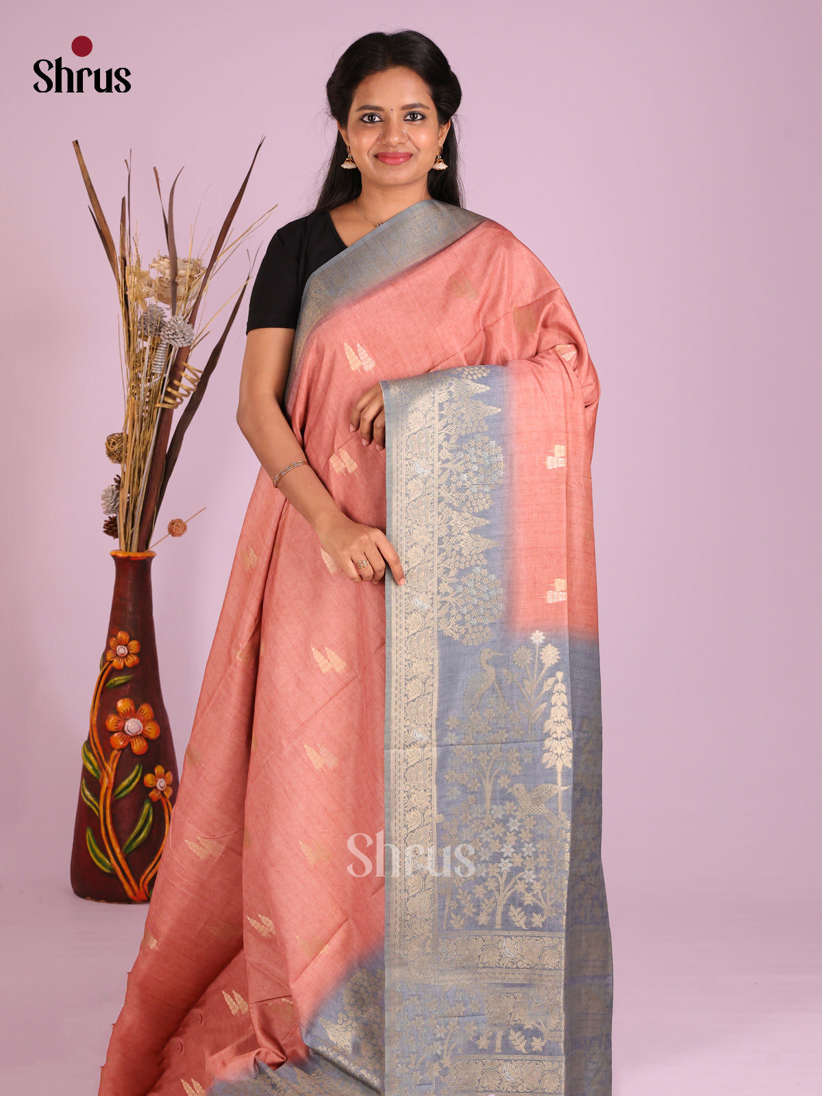 Dusty Pink & Blue - Semi Tussar Saree