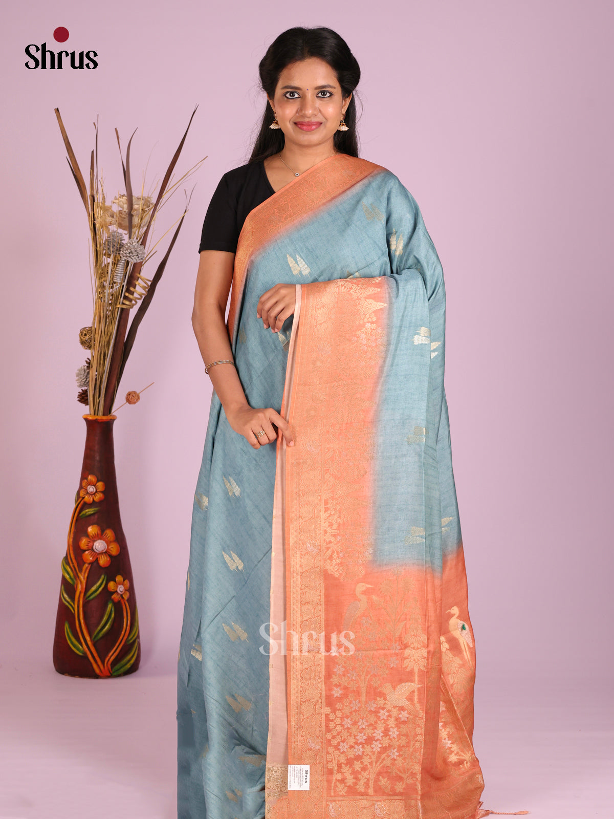 Blue & Peach - Semi Tussar Saree