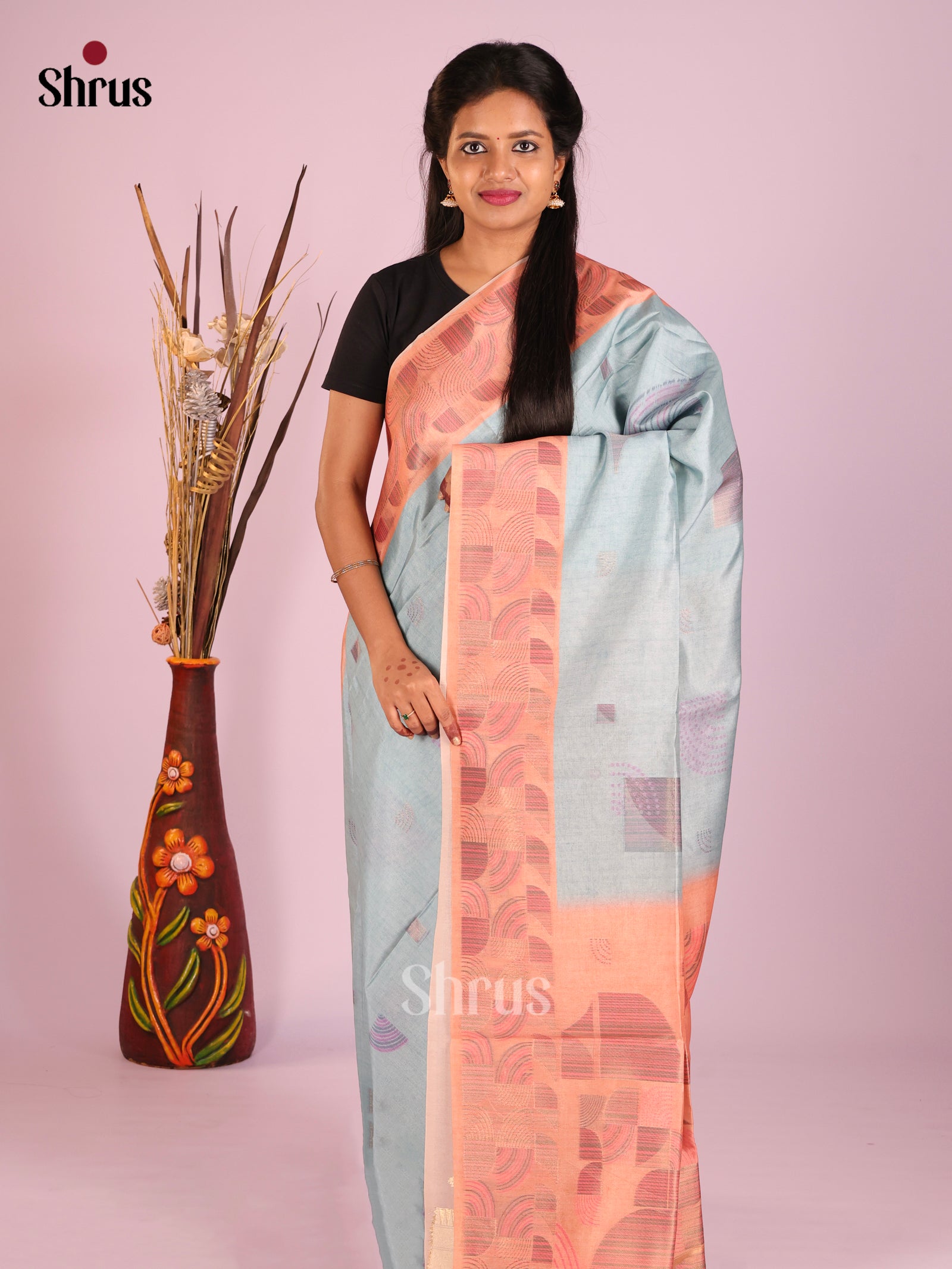 Blue & Peach - Semi Tussar Saree