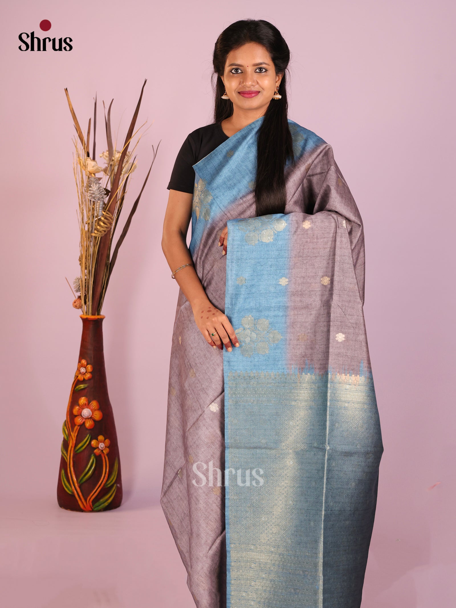 Grey & Blue - Semi Tussar Saree