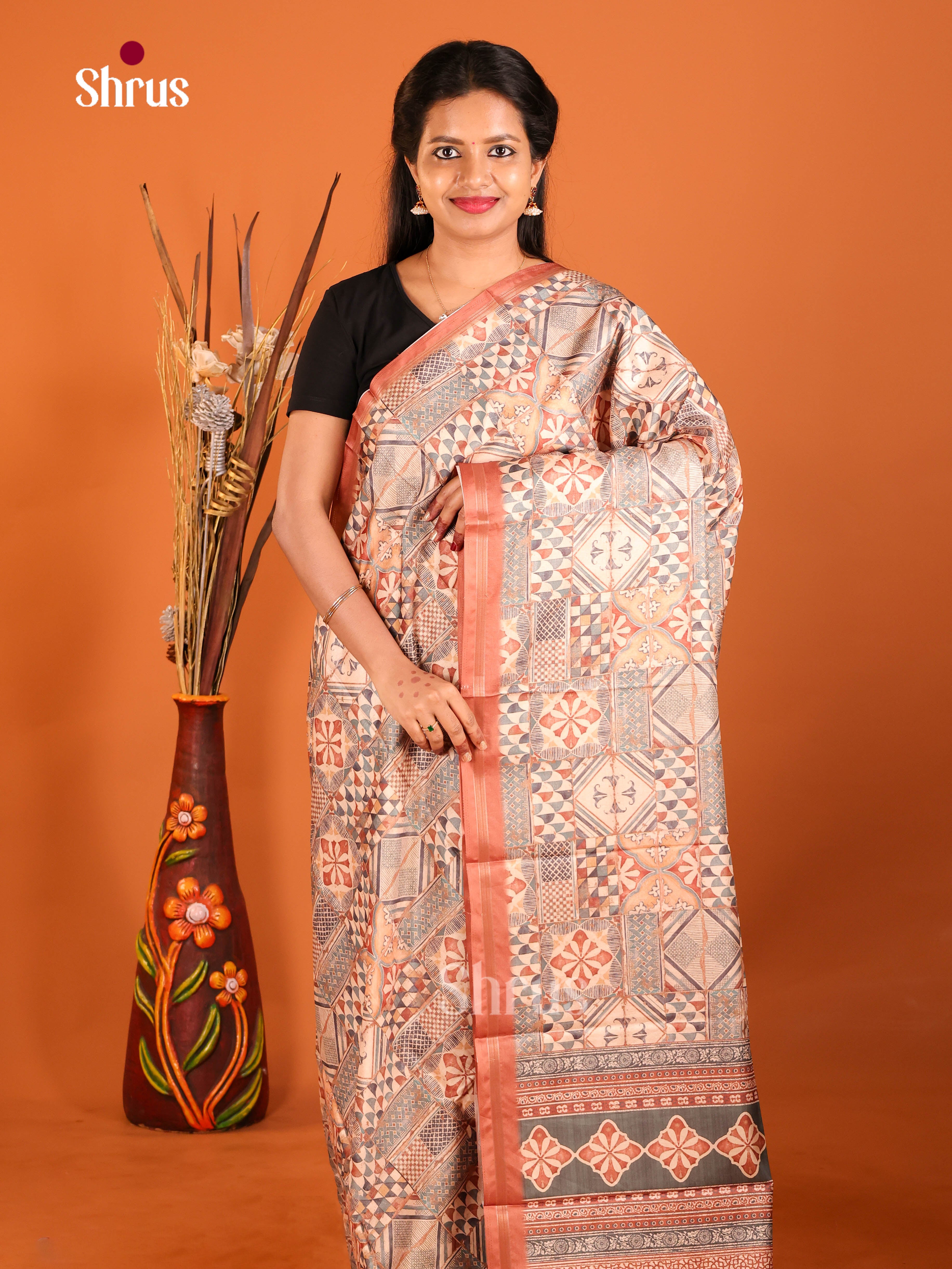 Cream  & Grey - Art Modal Saree
