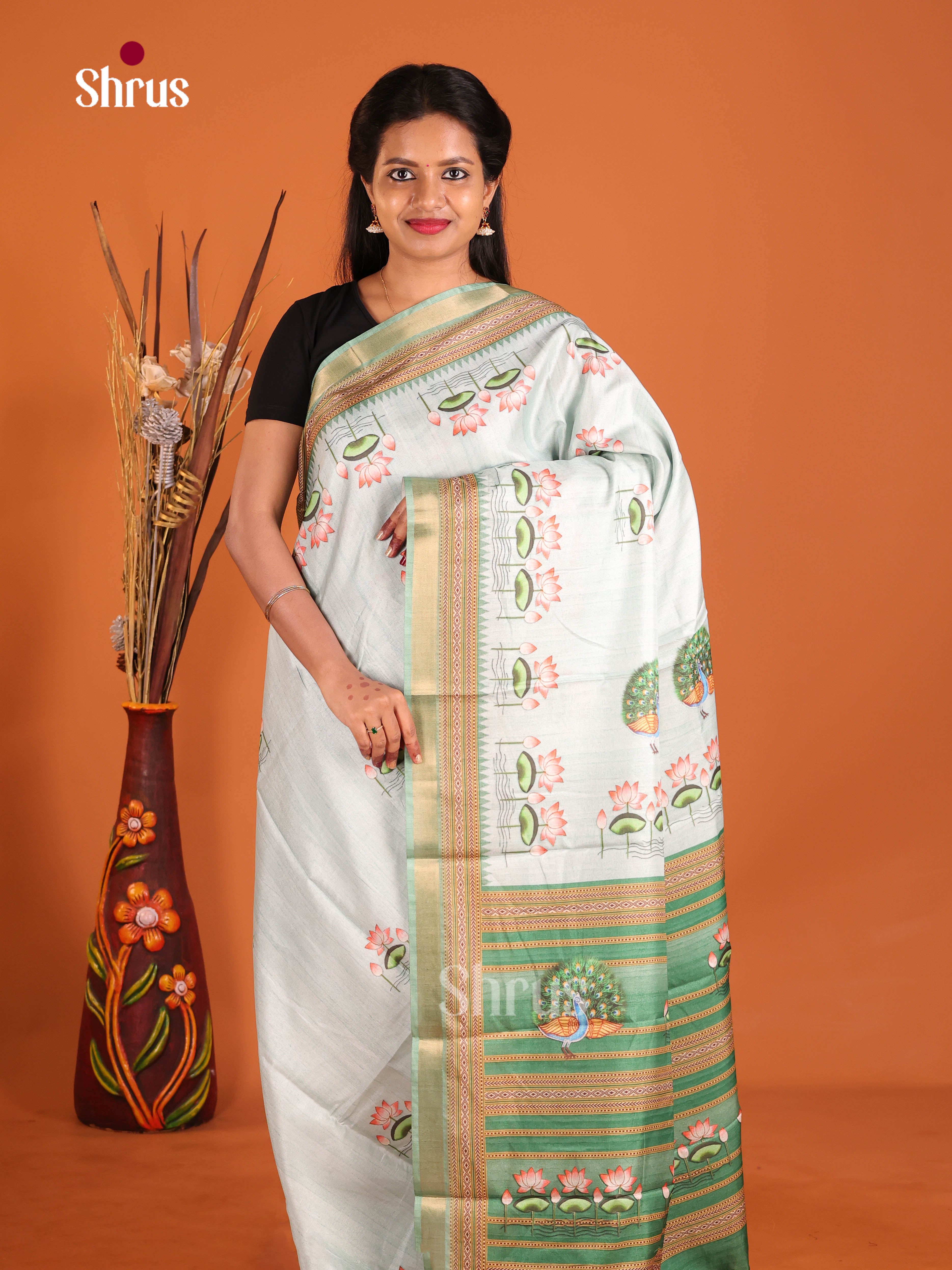 Light Blue & Green- Art Modal Saree - Shop on Shrus.com