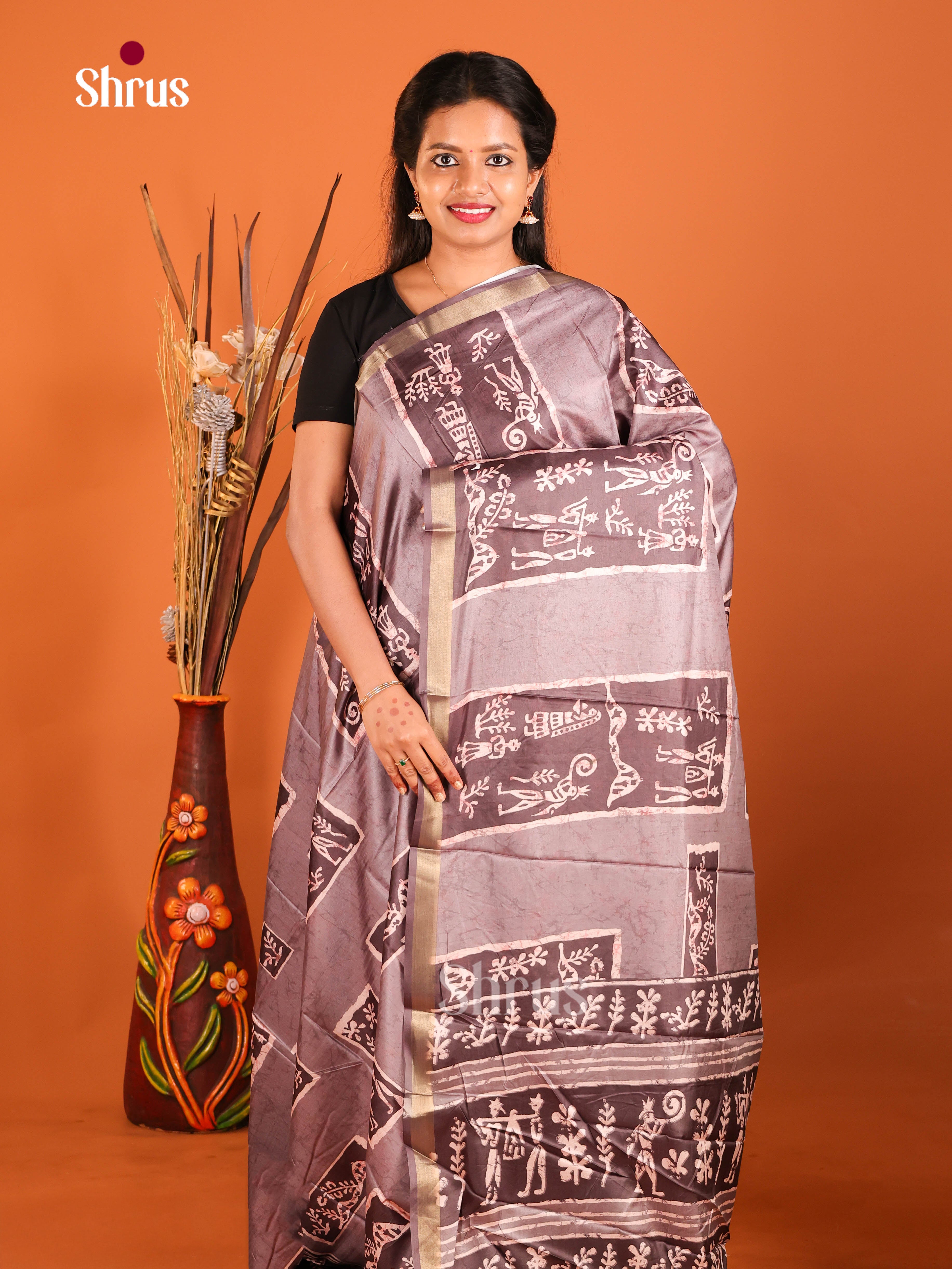 Grey & Brown - Art Modal Saree - Shop on Shrus.com