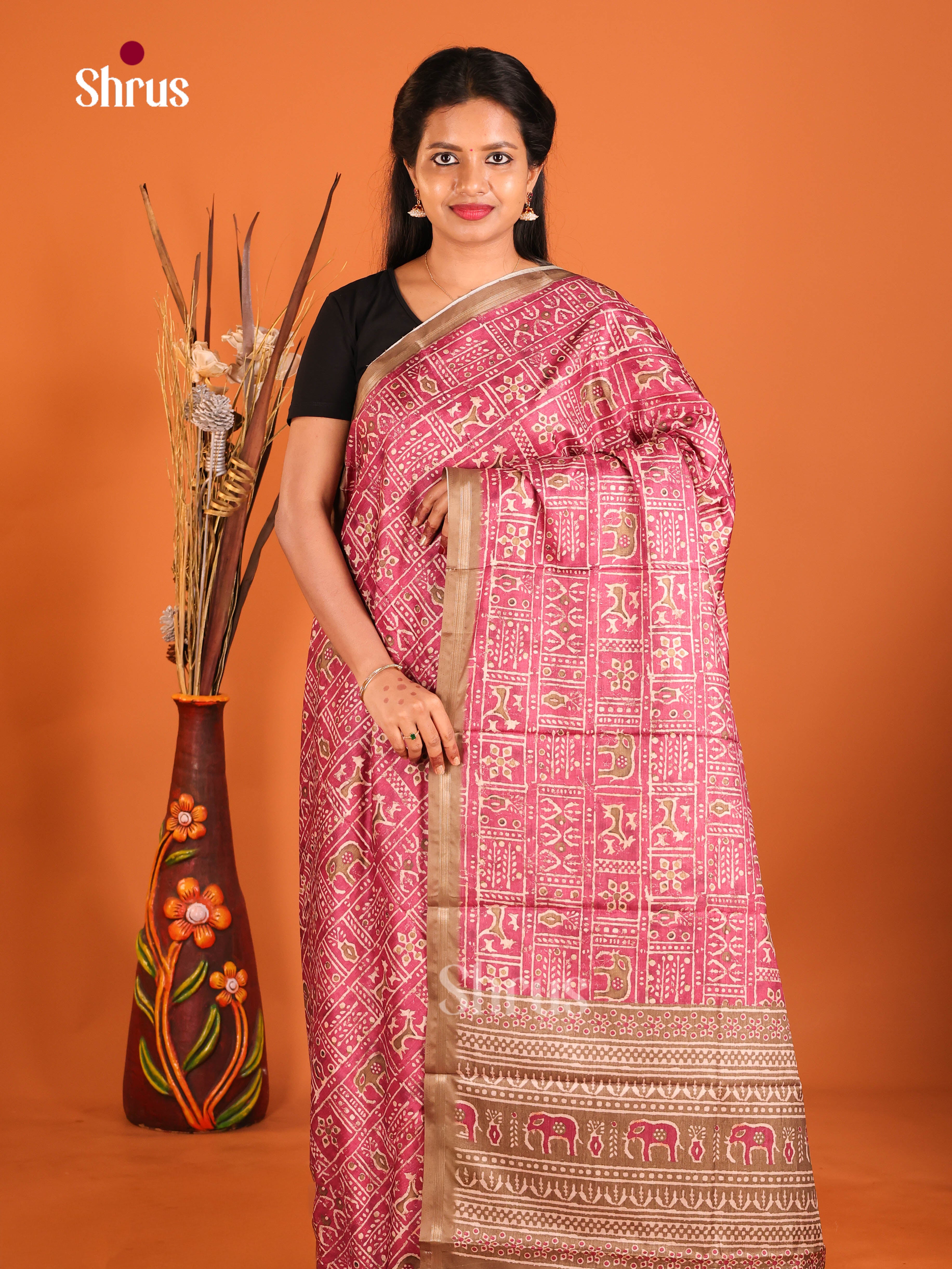 Pink  & Brown - Art Modal Saree - Shop on Shrus.com