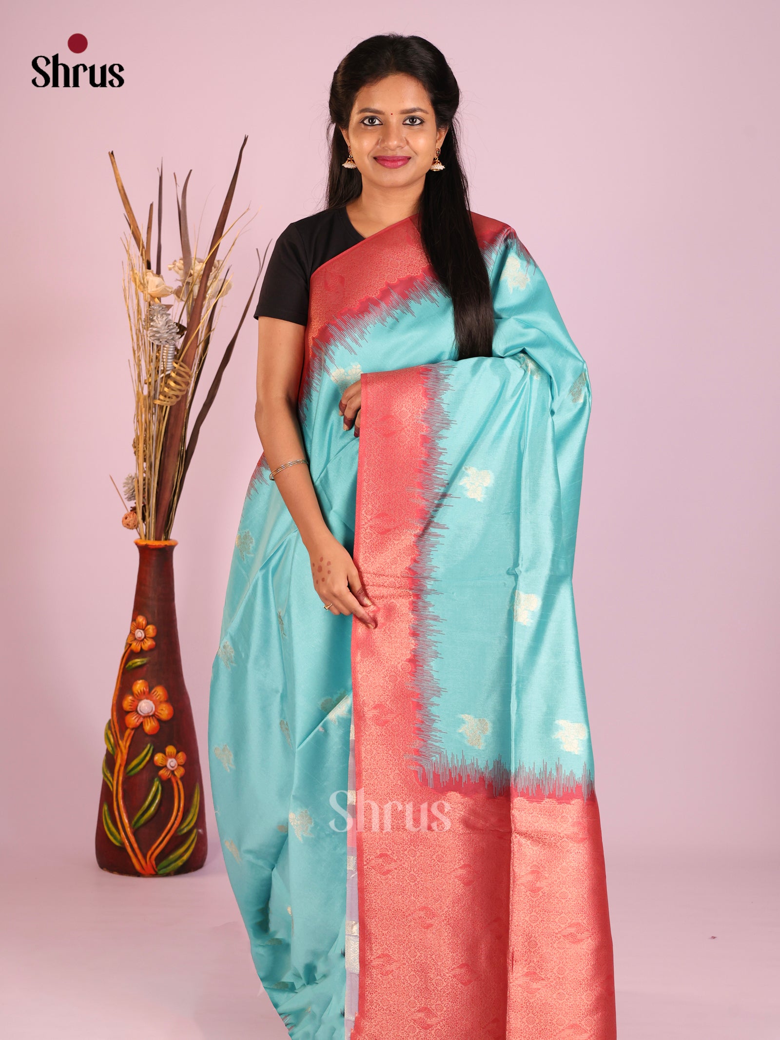 Pastel Blue & Red- Semi Tussar Saree