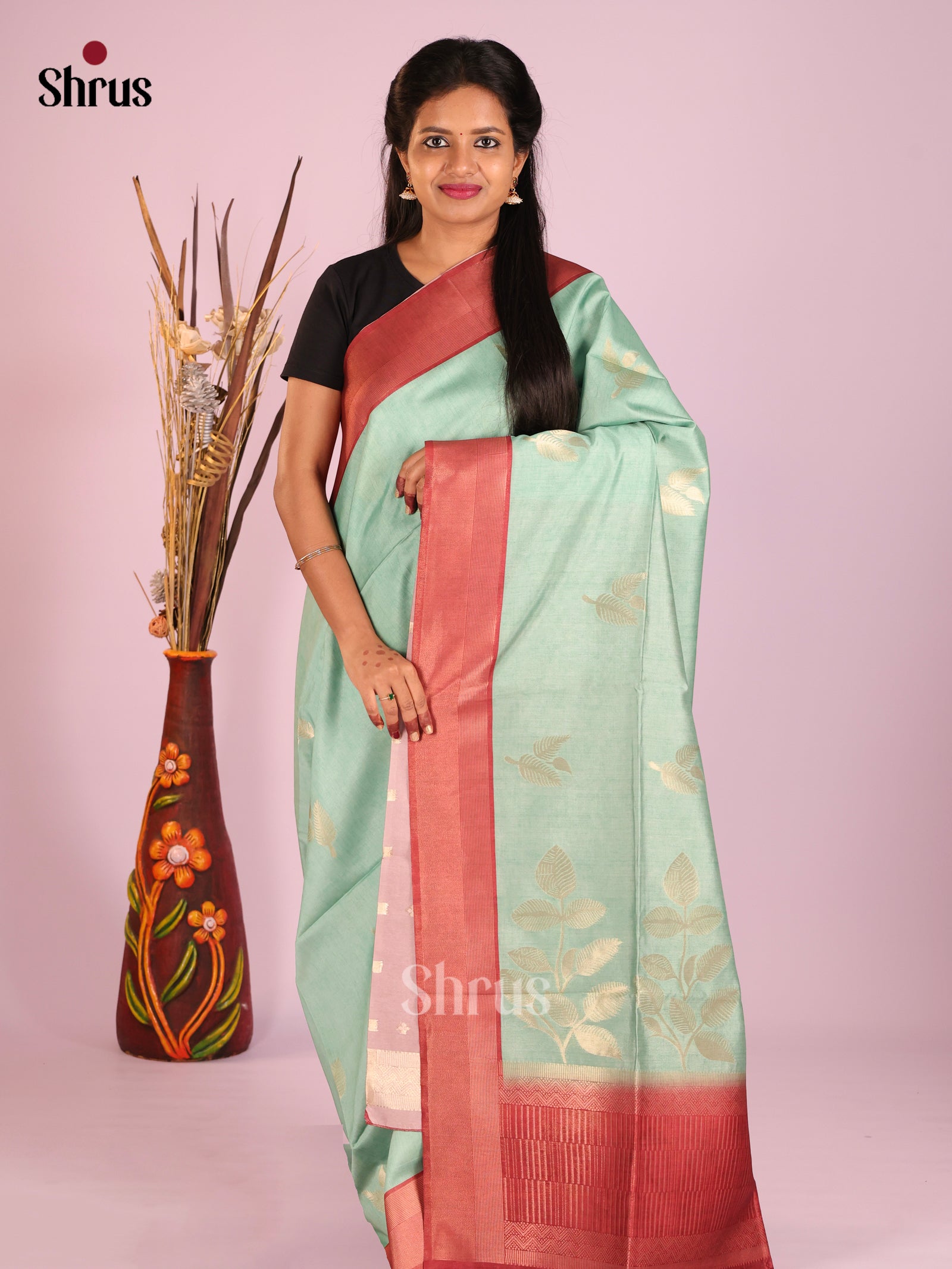 Teal Green & Red- Semi Tussar Saree