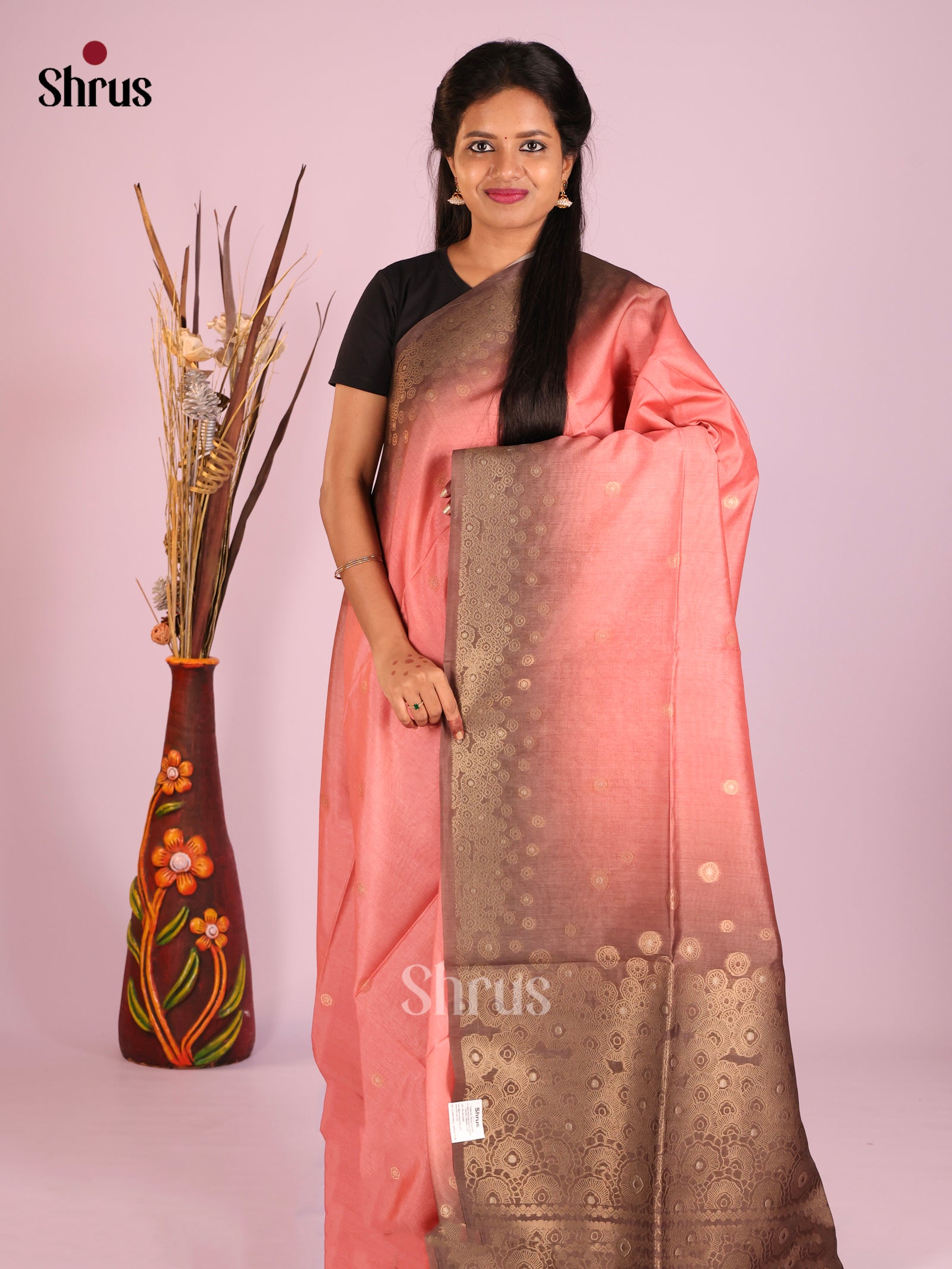 Pink & Brown - Semi Tussar Saree