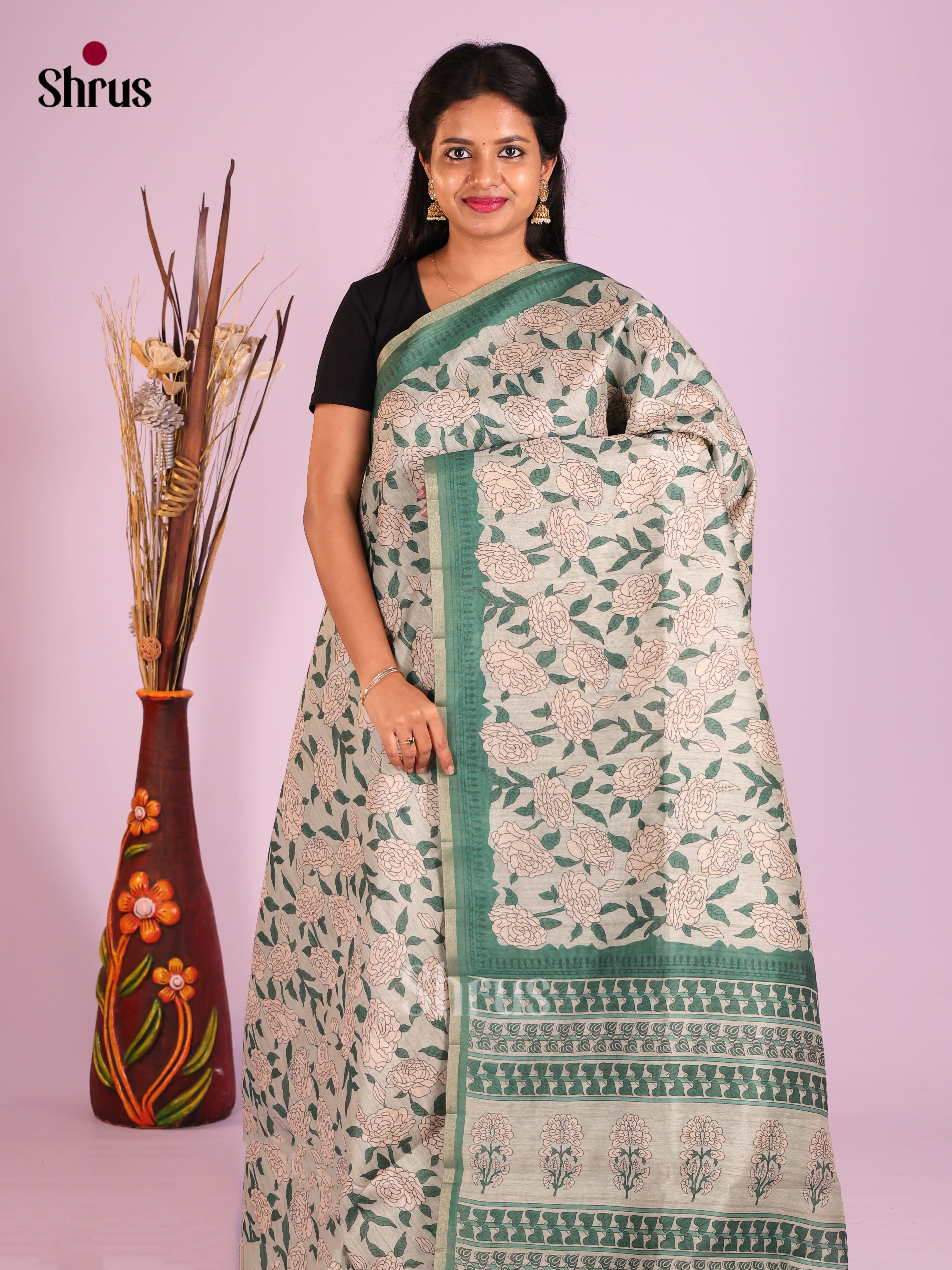 Grey & Green - Semi Chanderi Saree