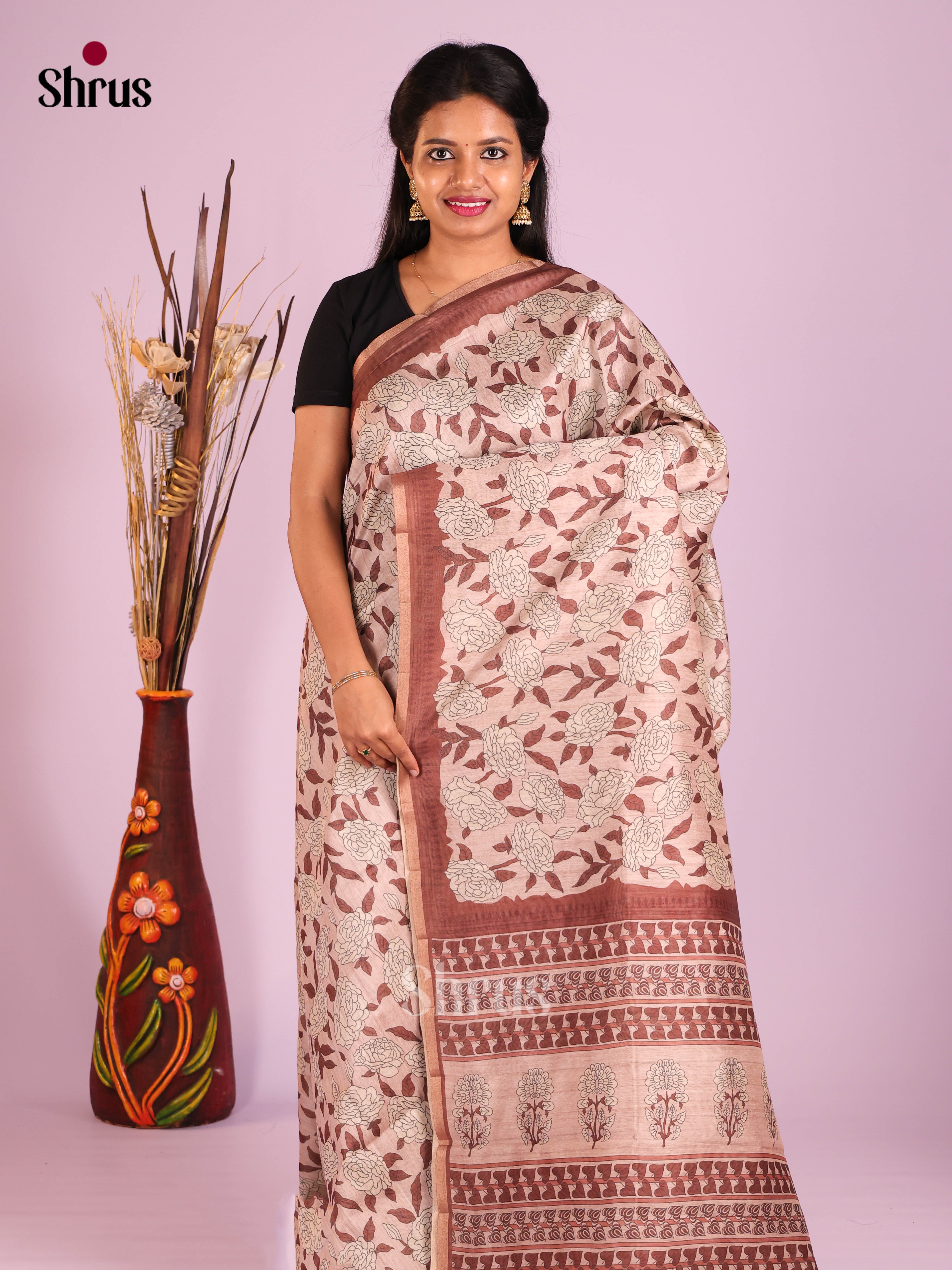 Dusty Pink  &  Brown - Semi Chanderi Saree