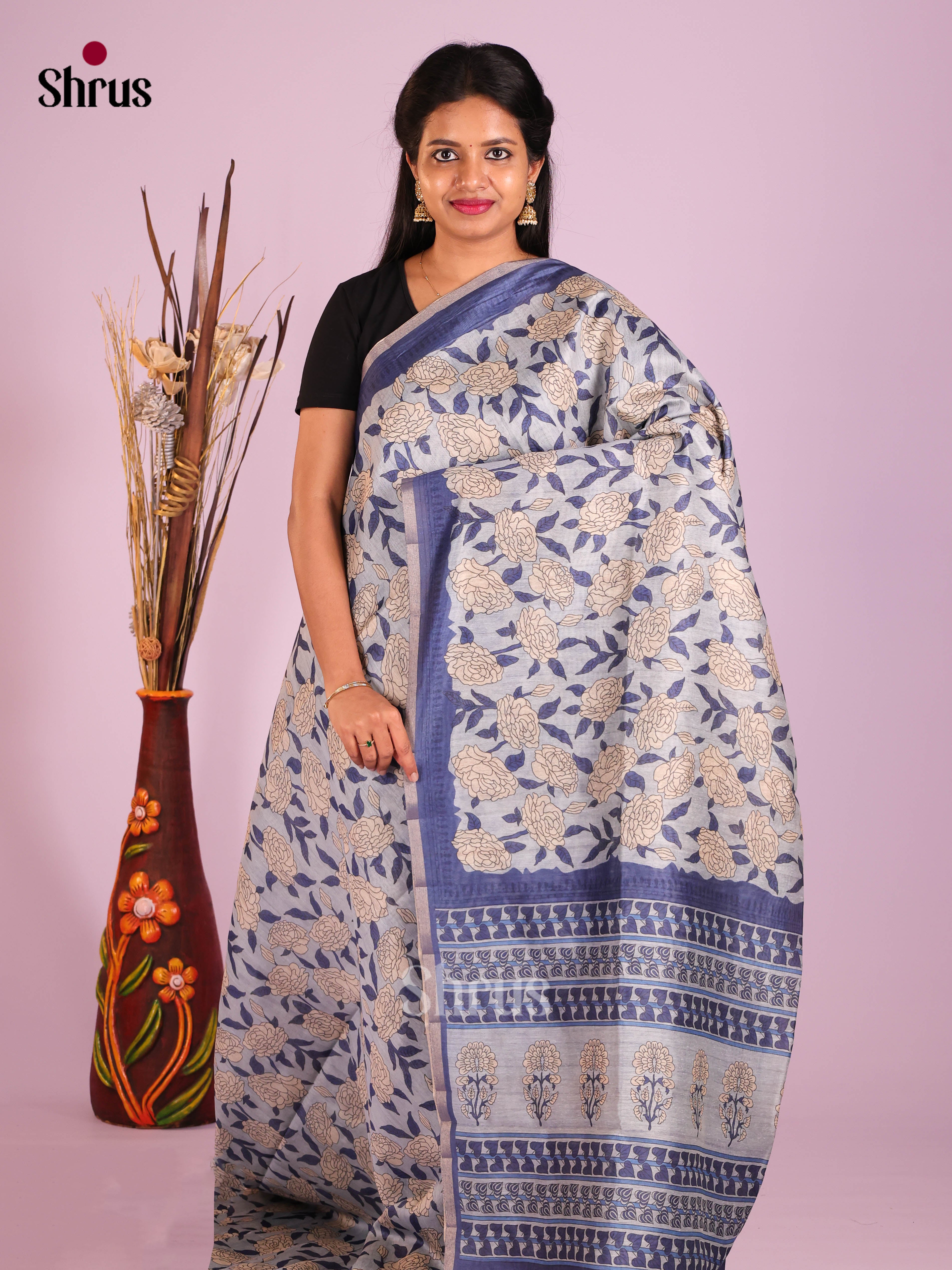 Grey & Blue - Semi Chanderi Saree