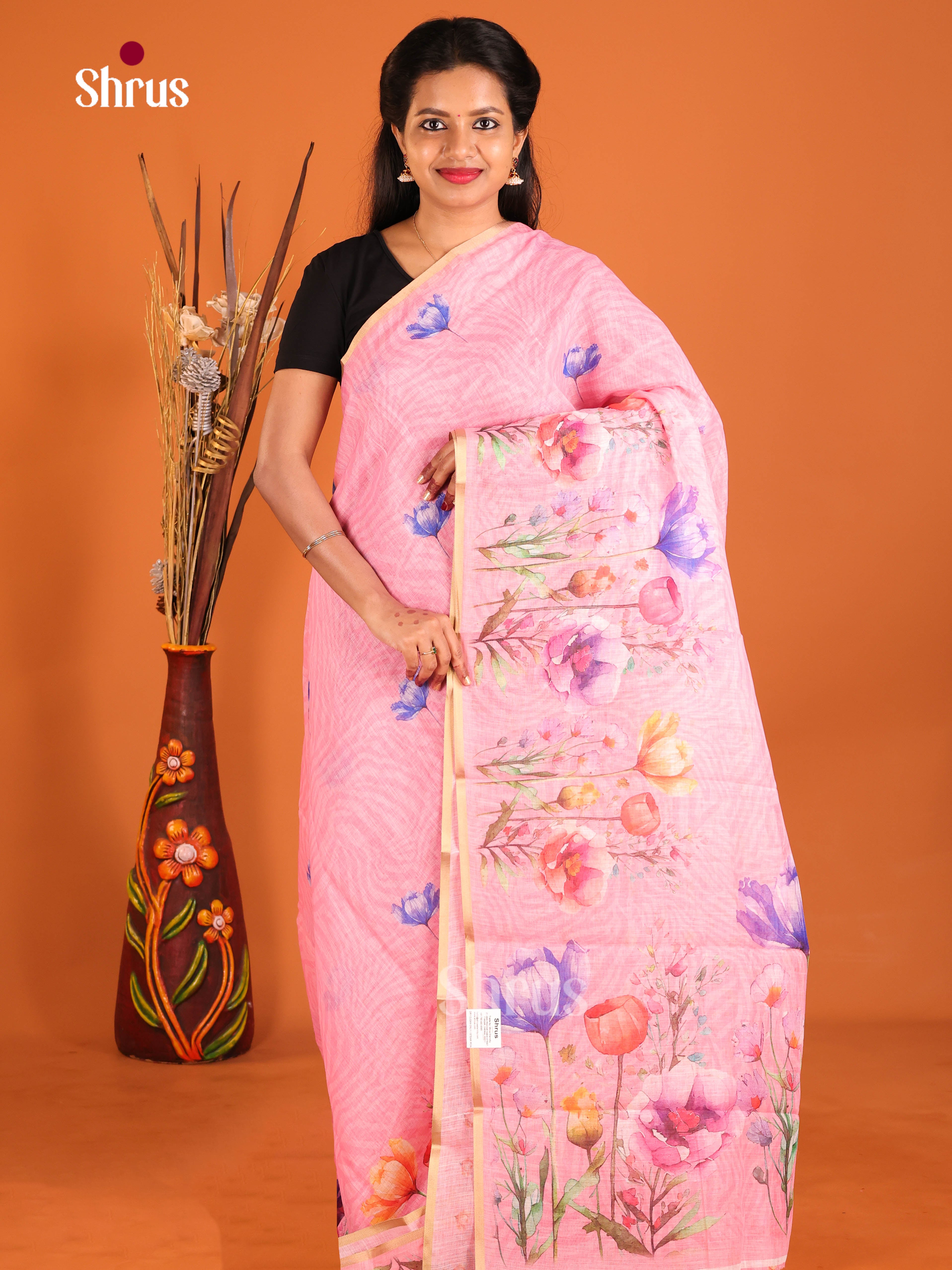 Pink - Linen Cotton Saree