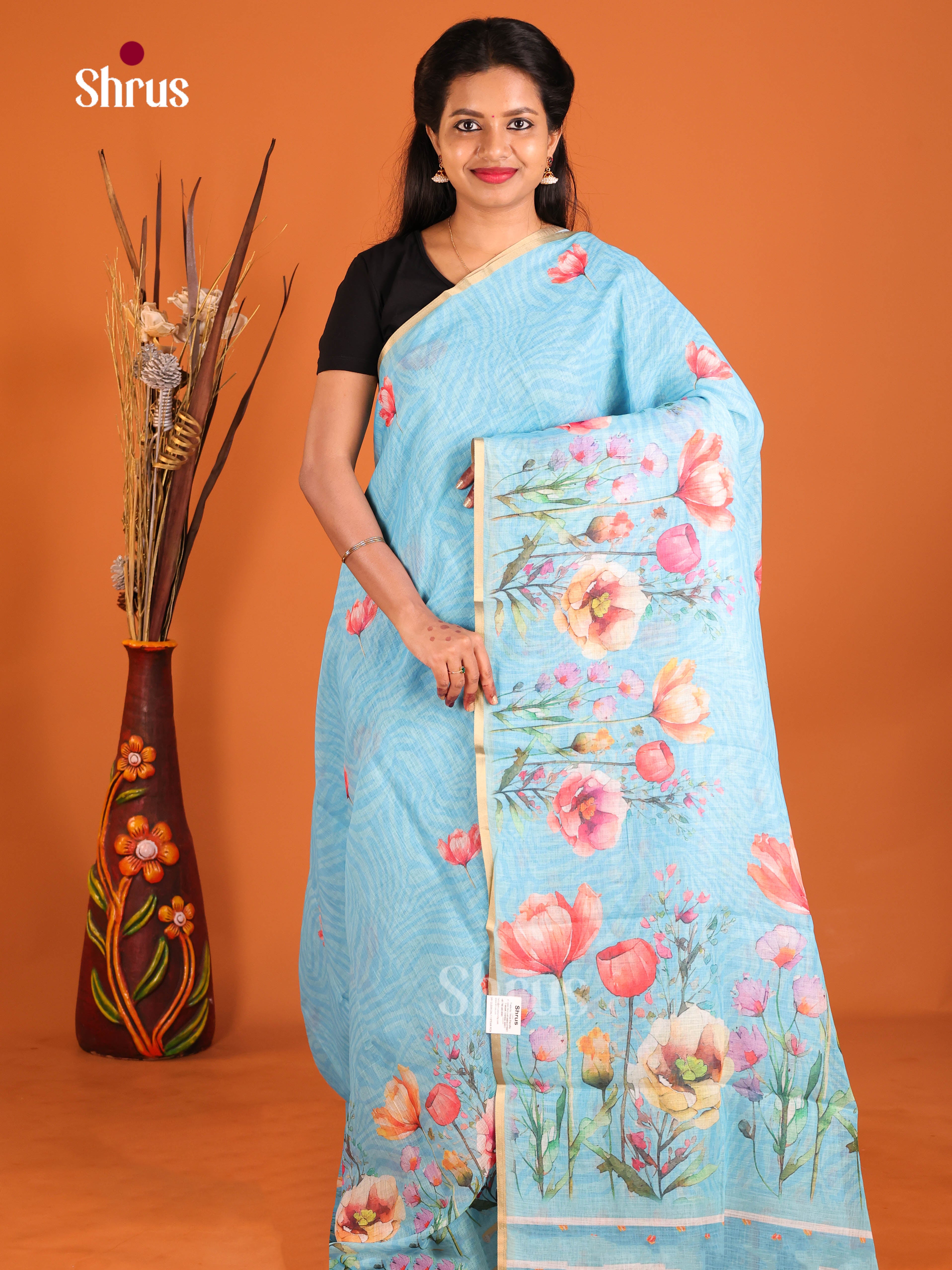 Blue- Linen Cotton Saree