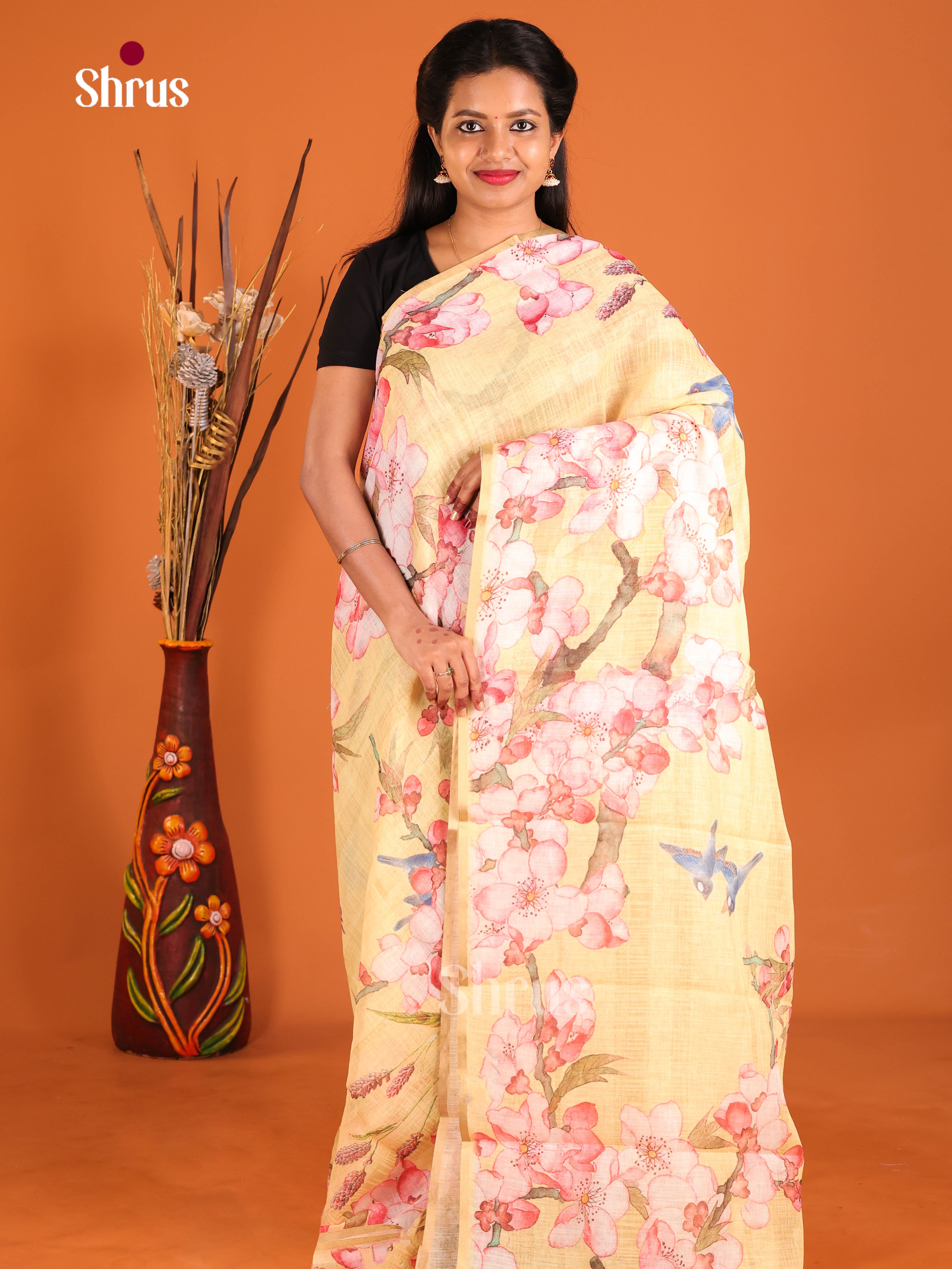 Pastel Yellow - Linen Cotton Saree